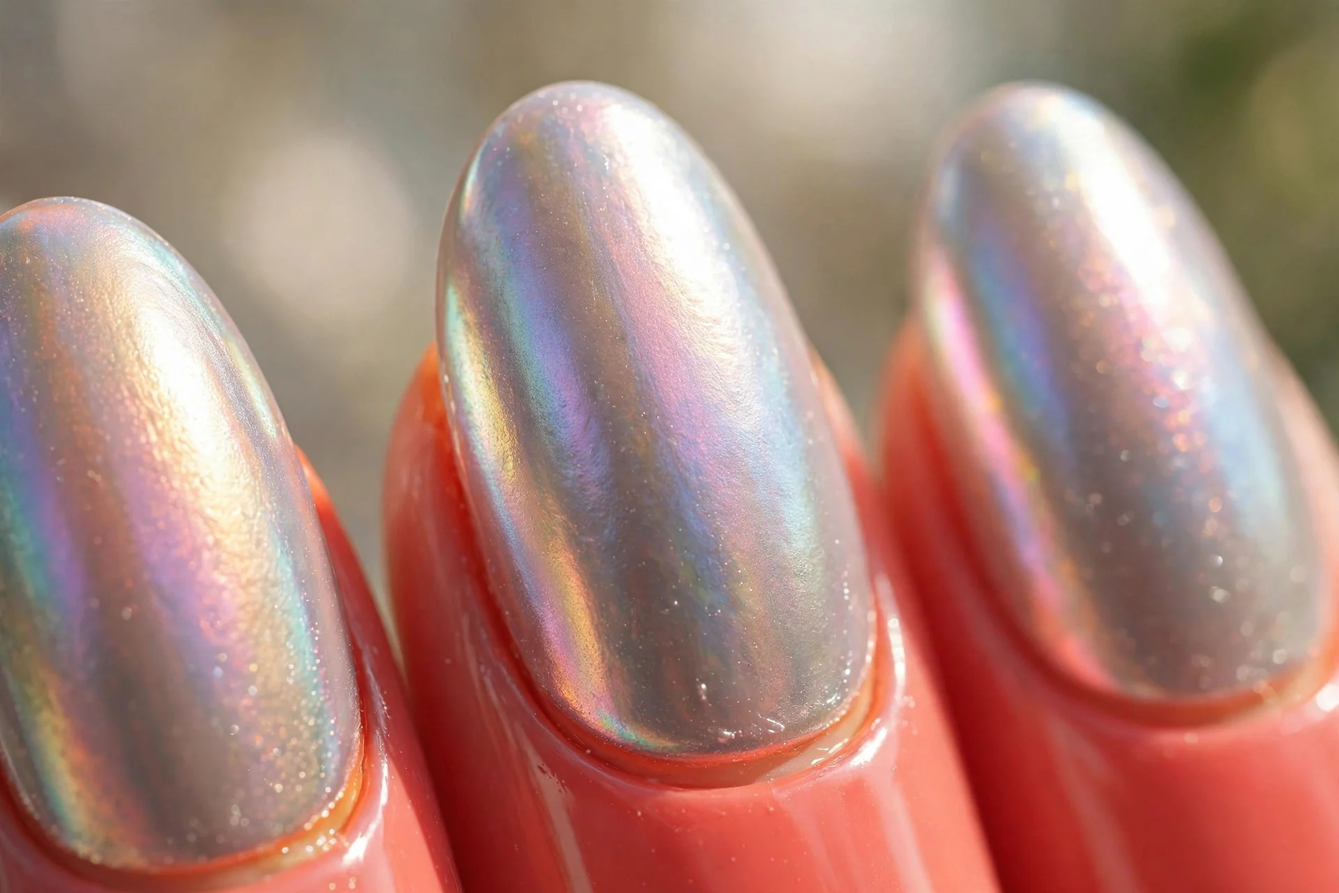 Pearl chrome sealed over coral polish, almond nails