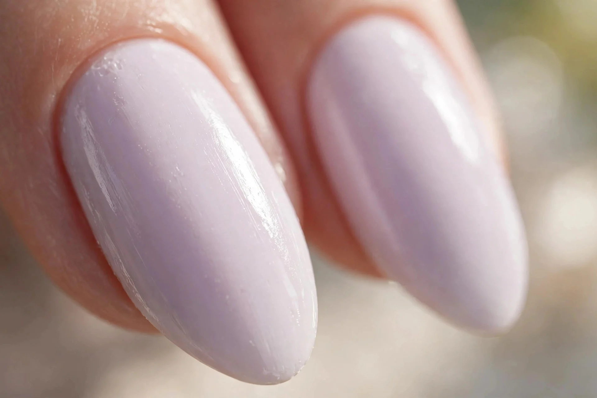 Milky lilac creamy polish, almond nails