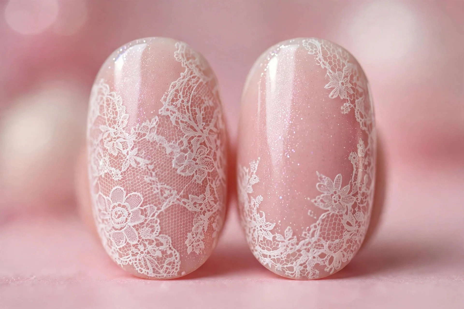 Oval nails with white lace stamping over milky blush pink, shimmer top coat, glossy, pink background