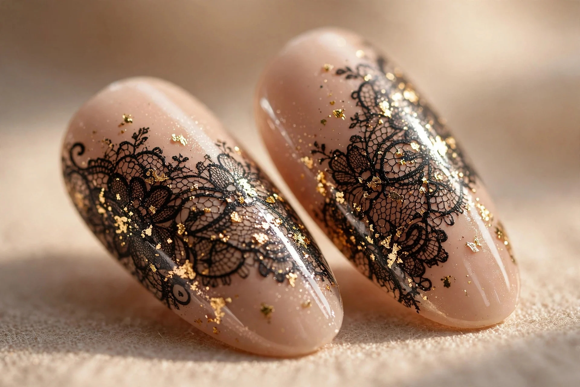 Almond nails with black lace stamping over champagne nude, gold foil flakes, glossy, warm background