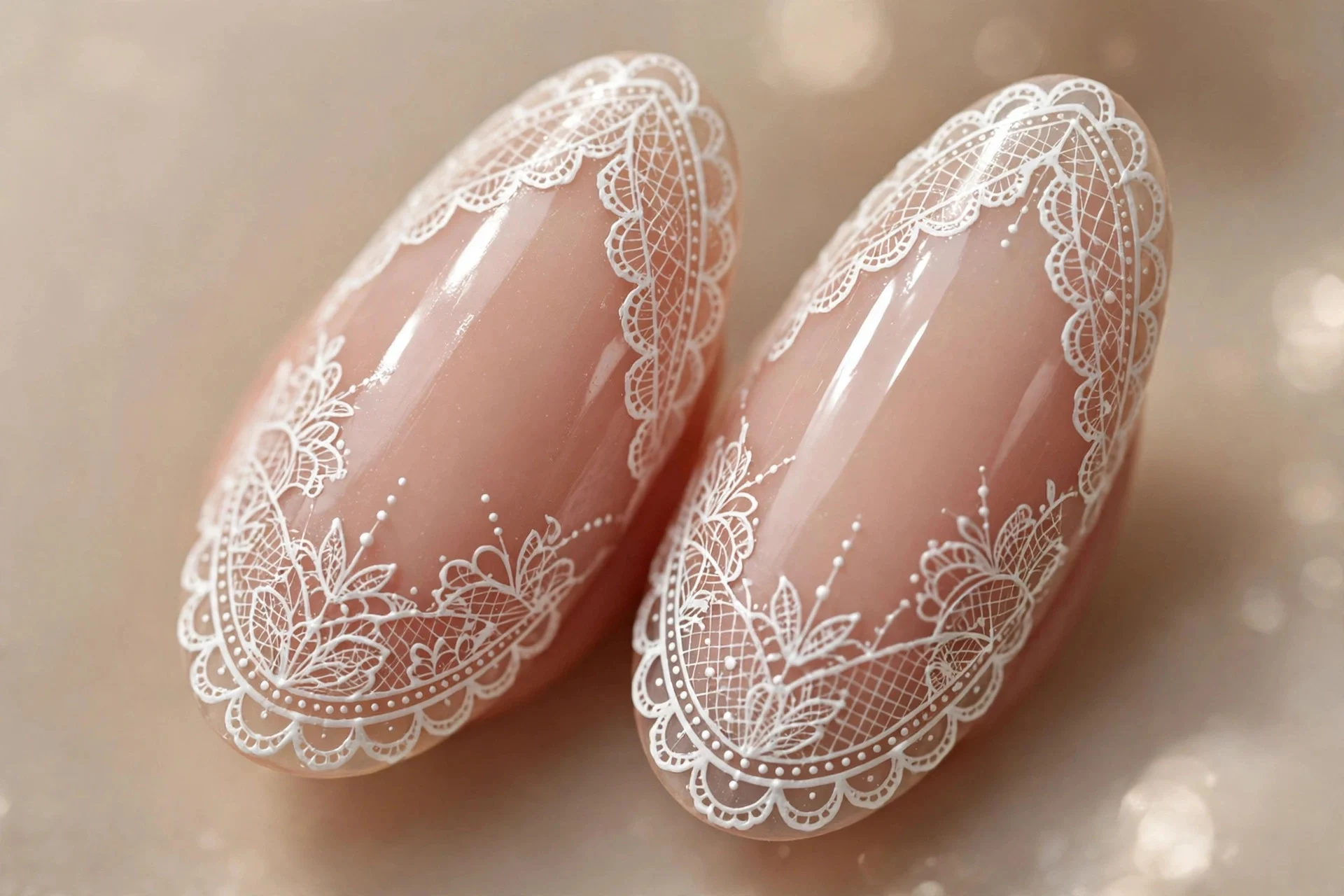 Almond nails with hand-painted white Chantilly lace over sheer nude, hairline strokes, glossy, beige background