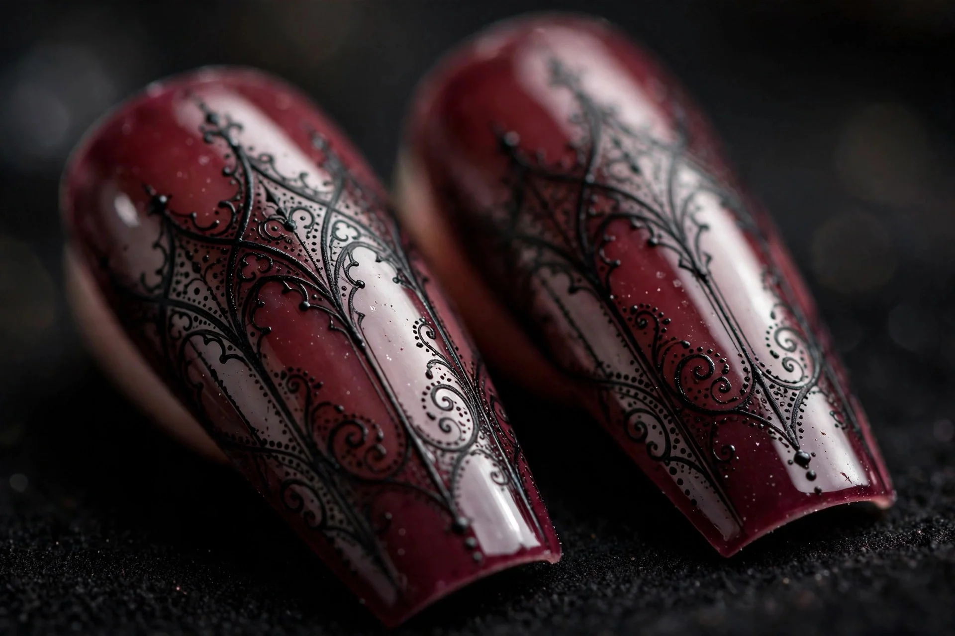 Coffin nails with black gothic scroll lace over deep burgundy, dotwork, glossy, dark background
