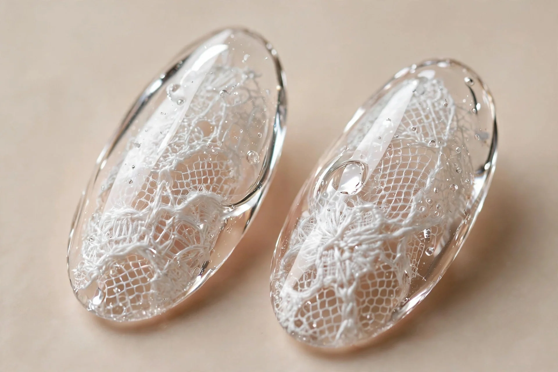 Almond nails with real white lace mesh encapsulated under clear gel, visible weave, glossy, beige background