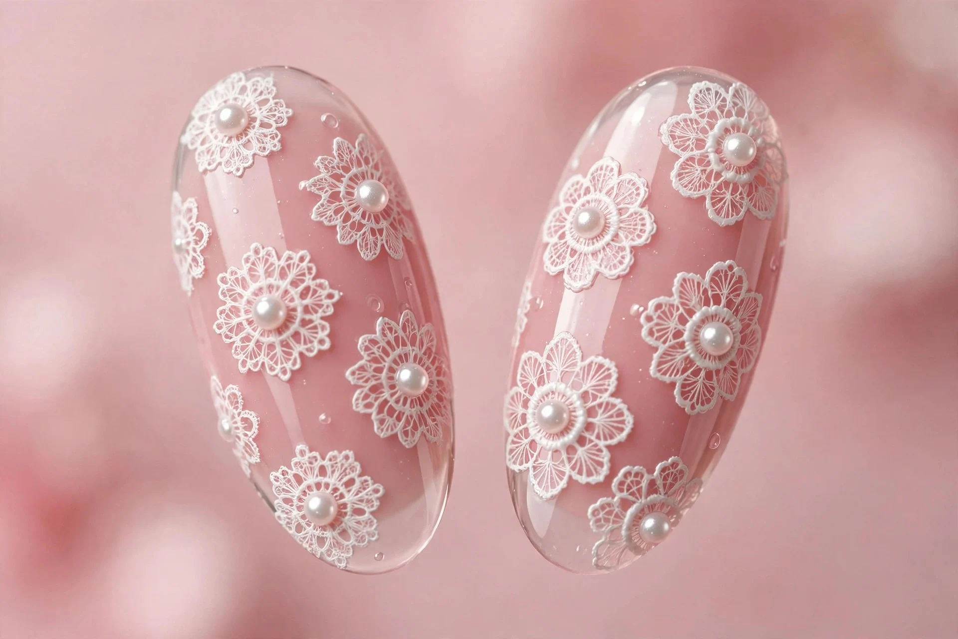 Almond nails with white lace stamping over sheer pink, pearls at medallion centers, glossy, blush background