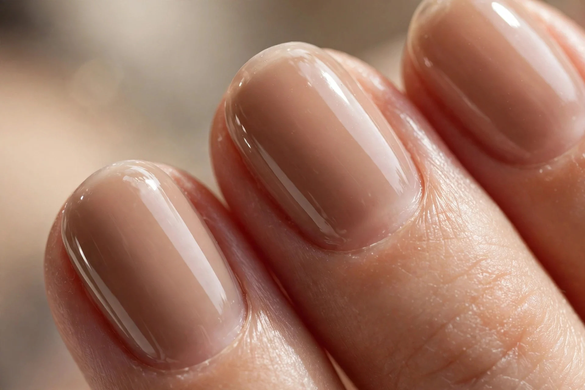 Close-up of short oval nails in sheer milky latte-brown polish with a high-gloss finish.