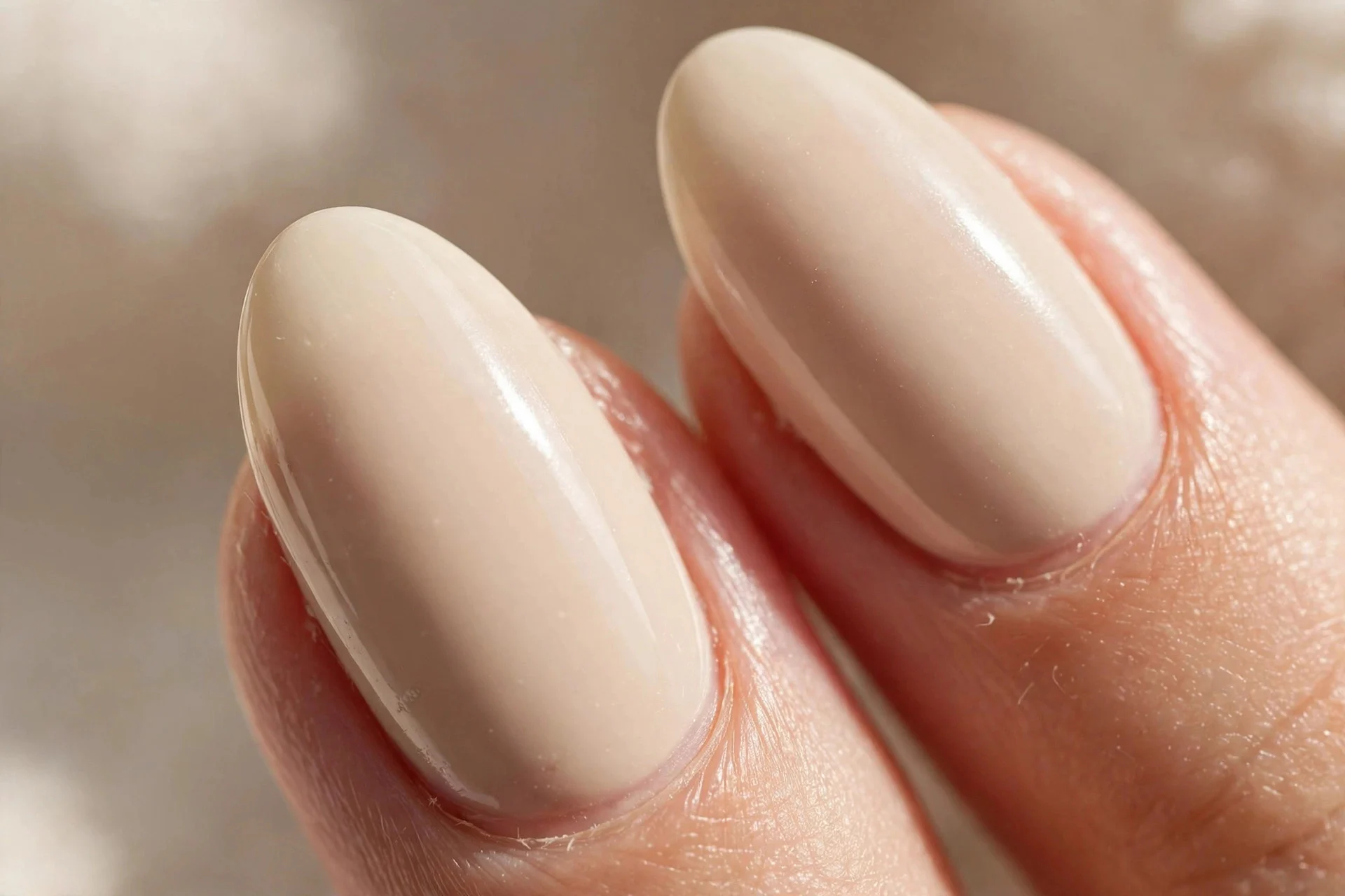Almond-shaped nails in pale iced-latte beige polish photographed in soft daylight.