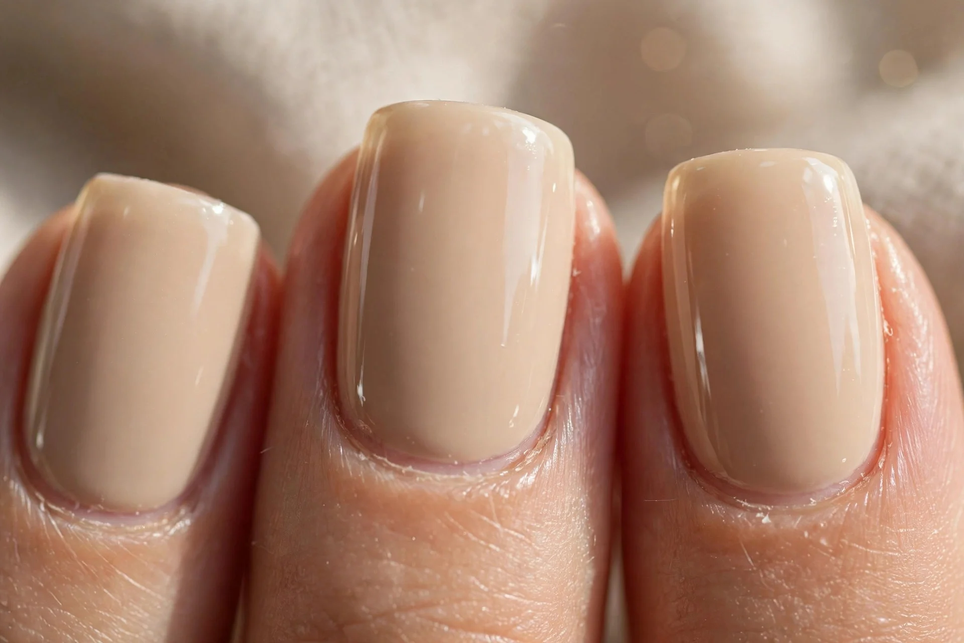 Medium-length square nails in warm oat-milk beige with a glossy top coat.