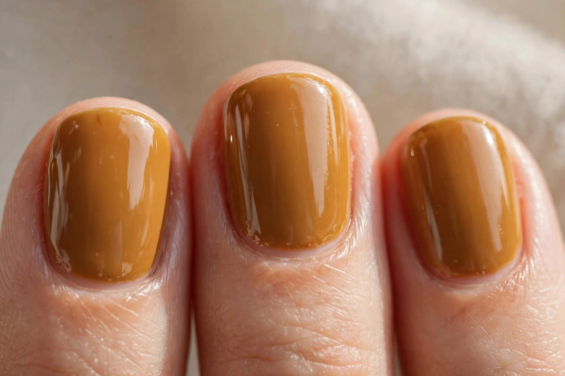 Short round nails in golden honey-brown polish with a glossy shine.