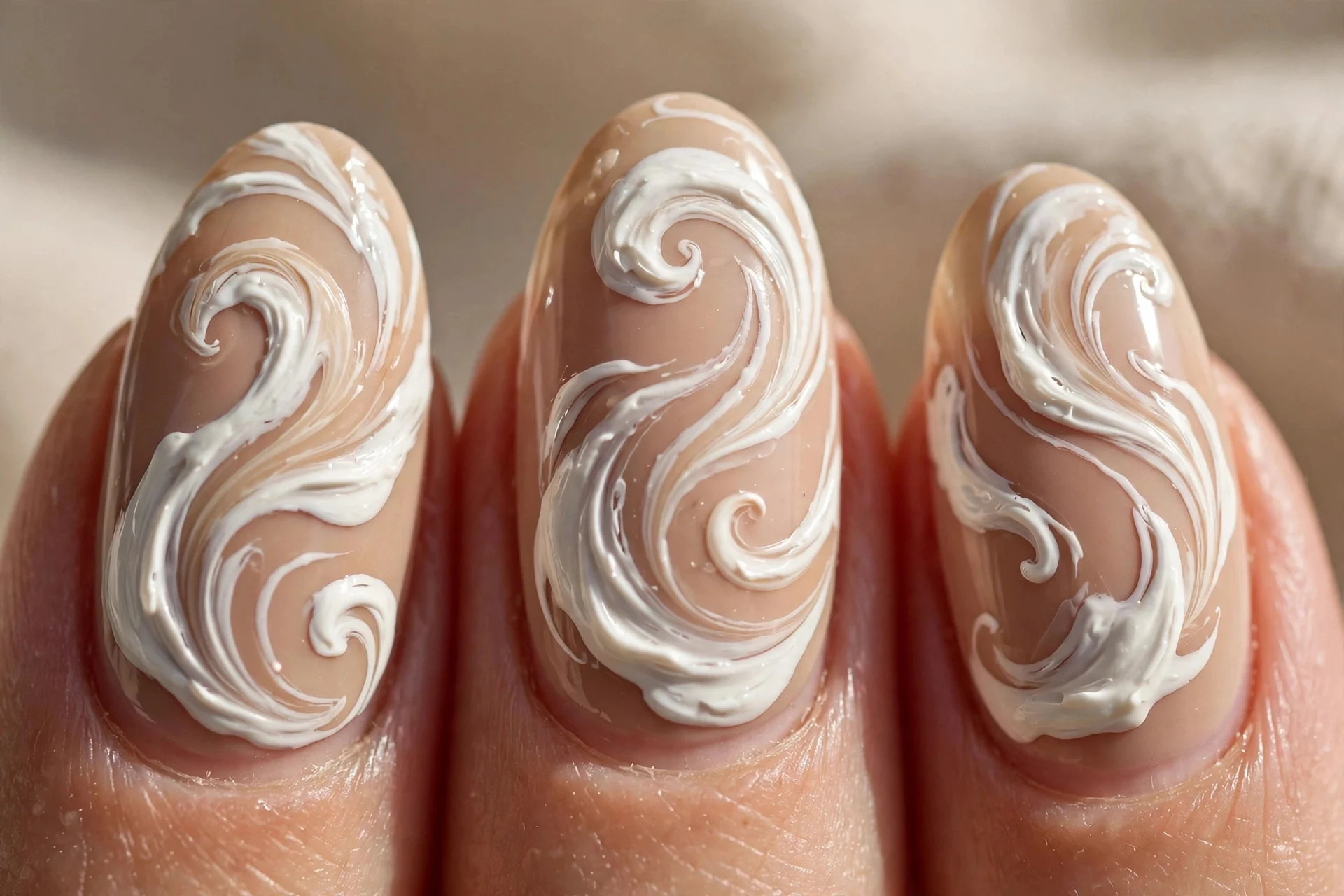 Almond nails with white cream swirls painted over a milky latte-brown base.