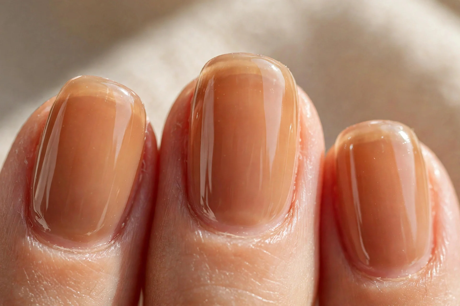 Close-up of sheer caramel-tinted nails with a glass-like glossy finish.