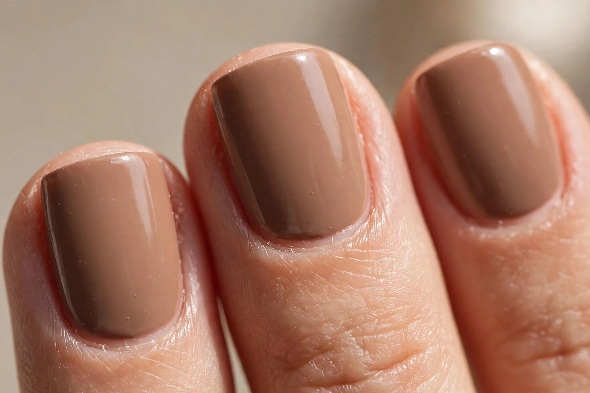 Short square nails in creamy mocha-brown polish.