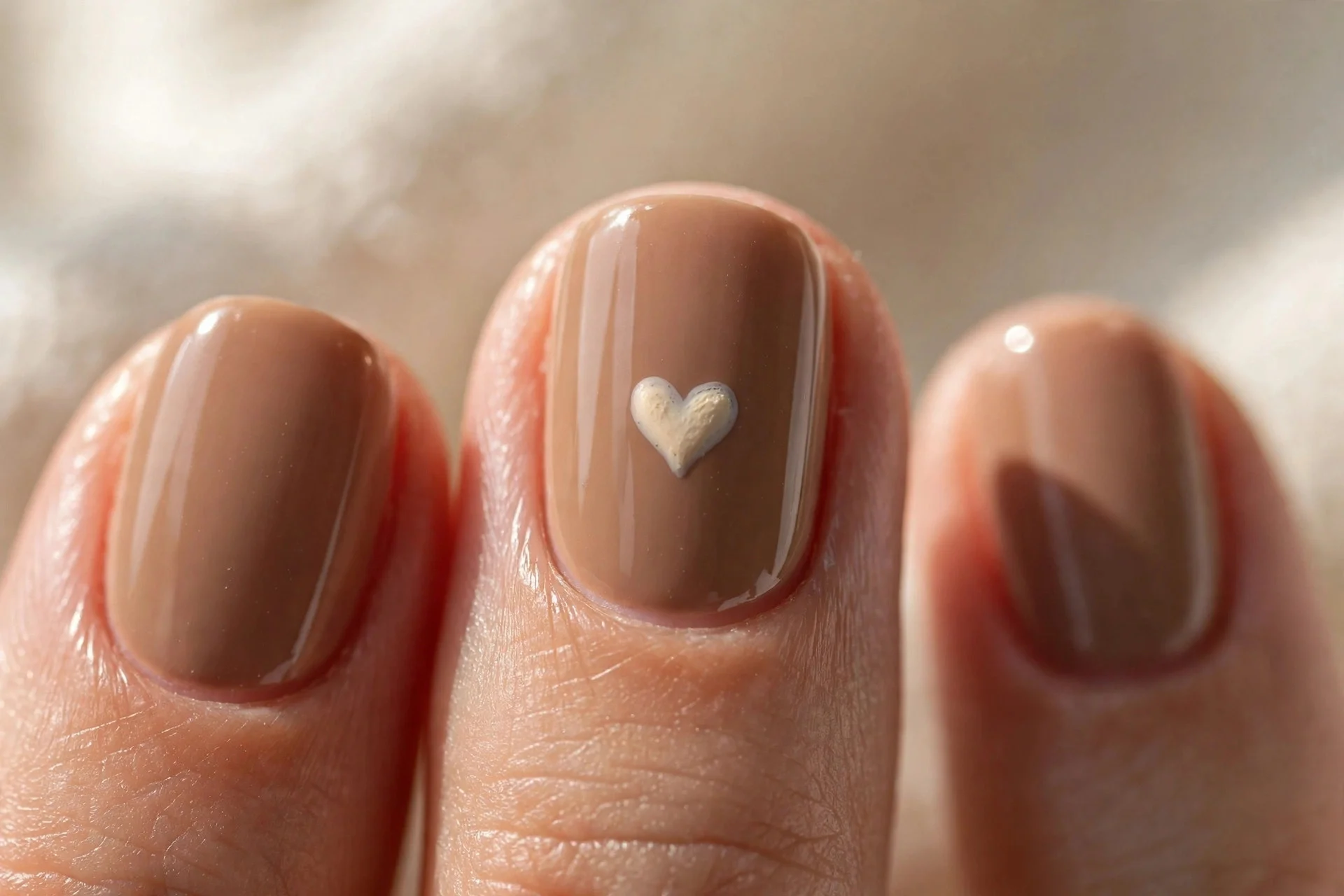 Latte-brown manicure with a small cream heart accent on the ring finger.