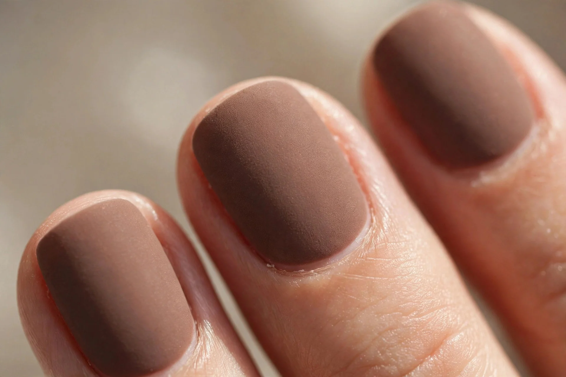 Short nails in matte mocha-brown polish with a velvety finish.