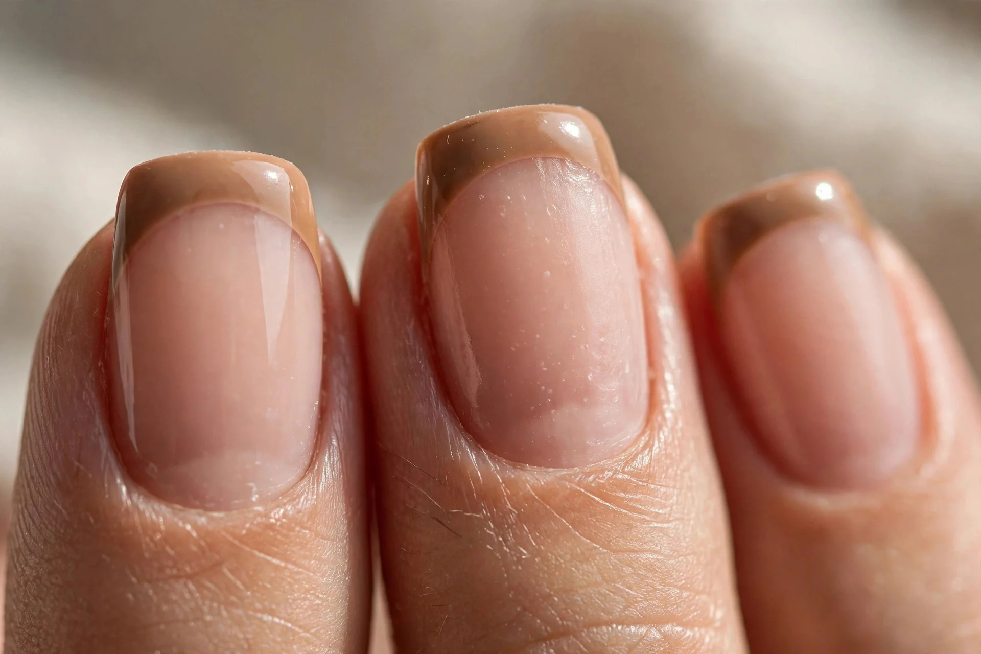 French manicure with latte-brown tips on a nude base.