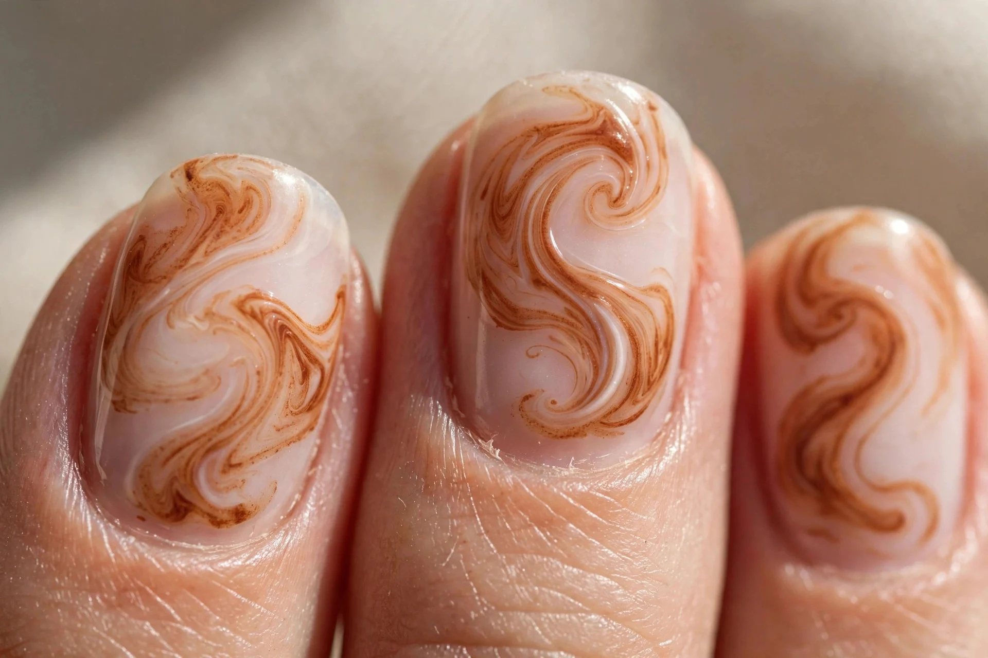 Nails with cinnamon-brown swirls painted over a sheer milky base.