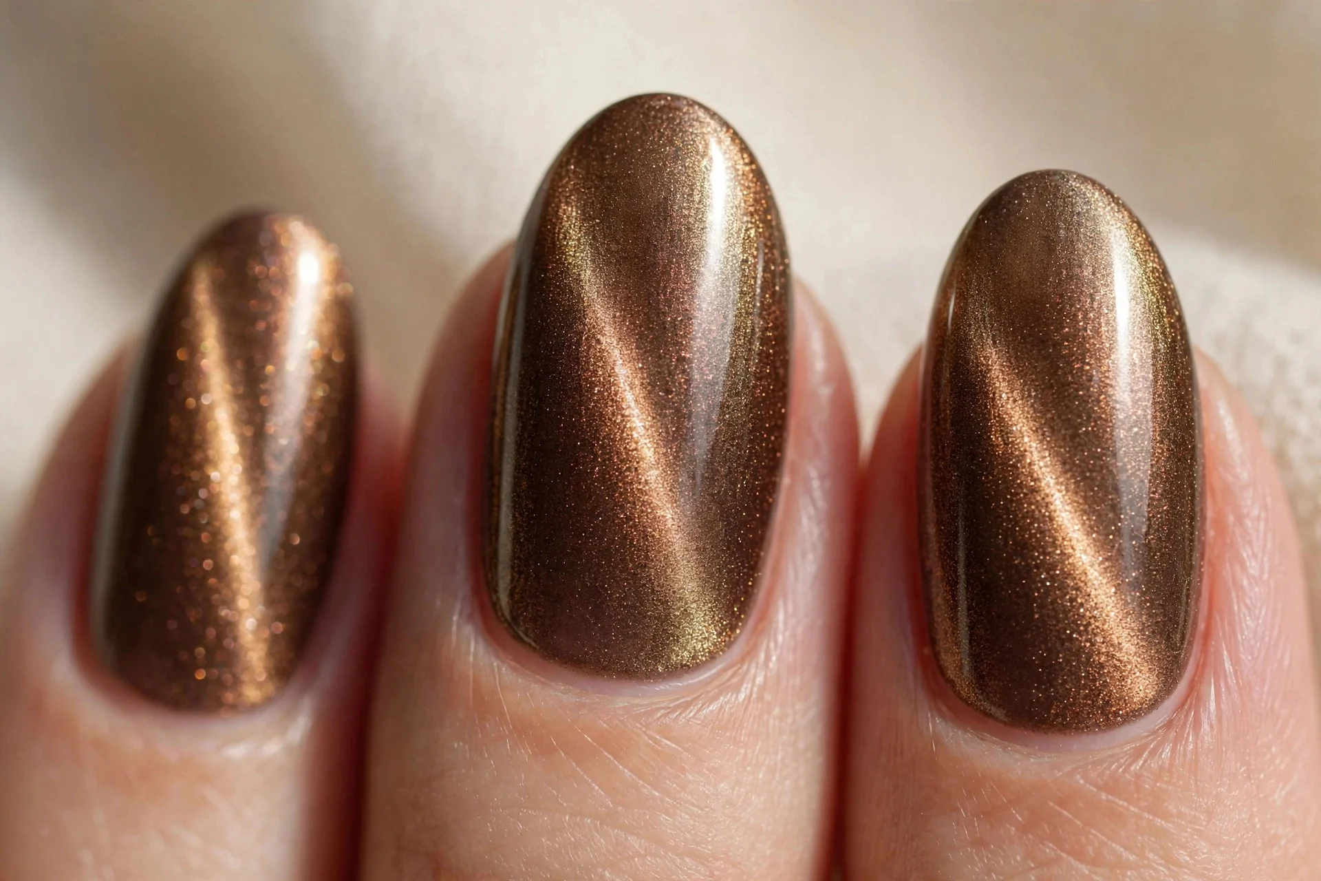 Almond nails with a bronze cat-eye magnetic shimmer effect.