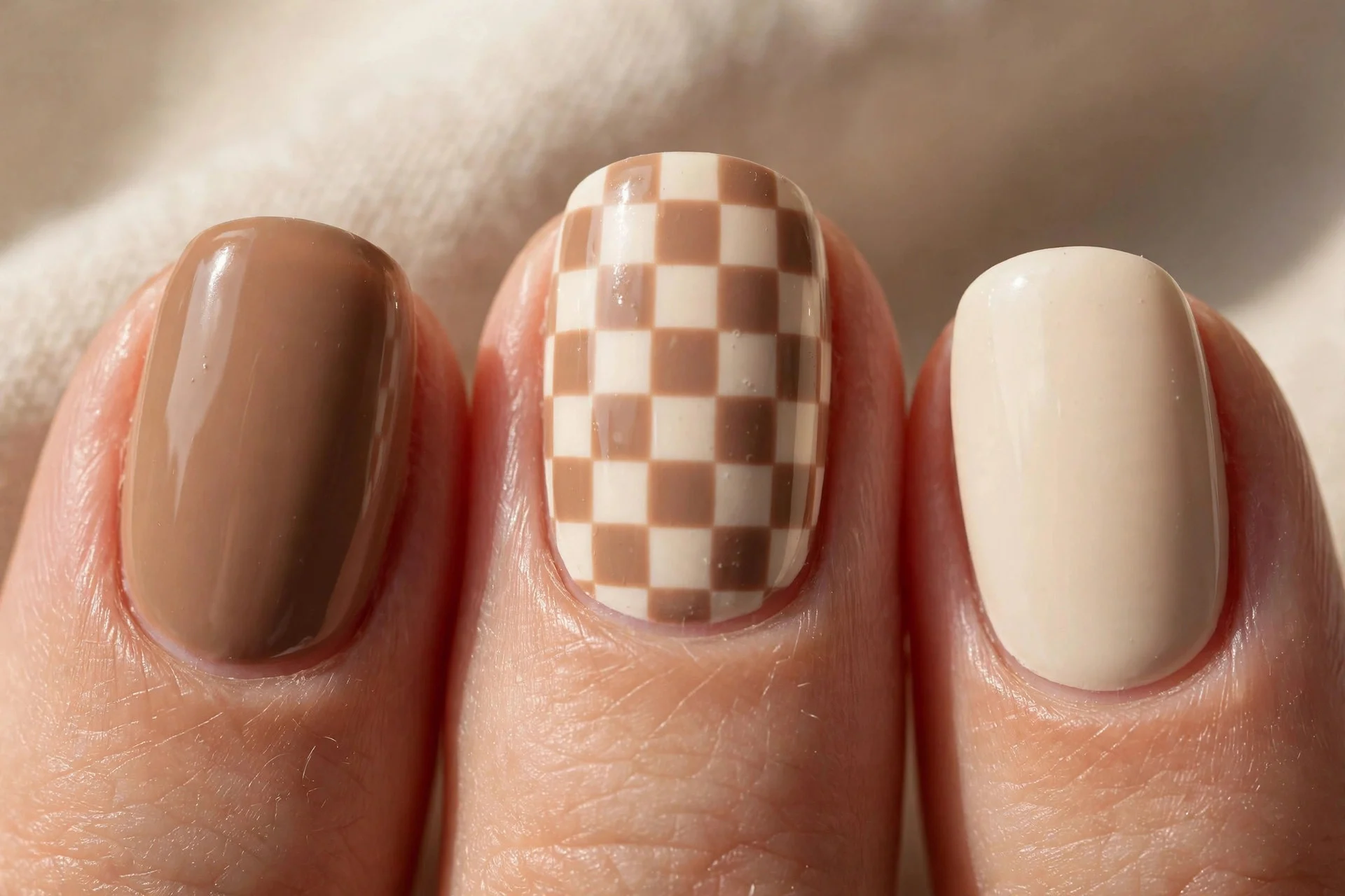 Manicure with a checkerboard pattern accent nail in cream and latte brown.