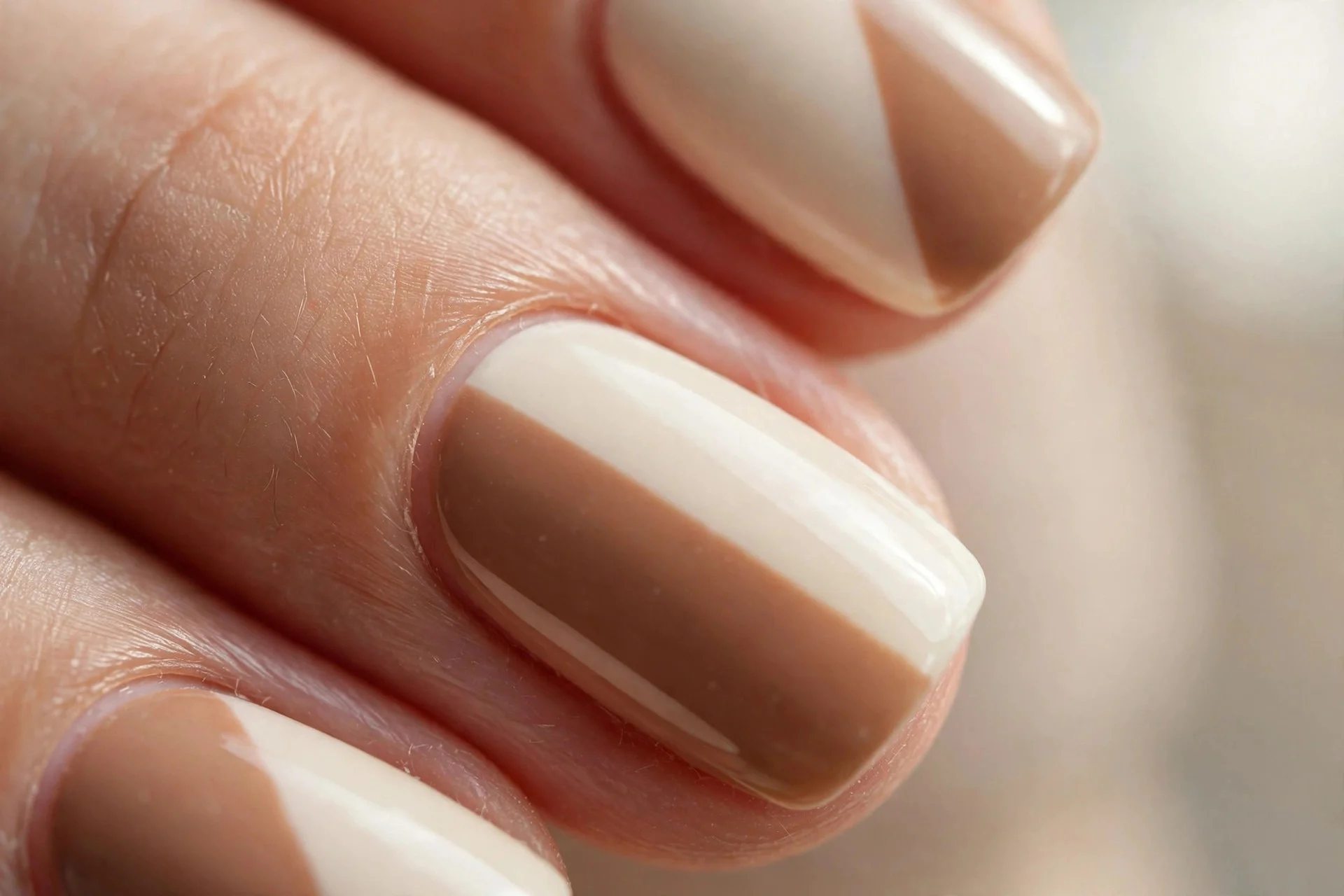 Color-blocked nails split diagonally between latte brown and cream.