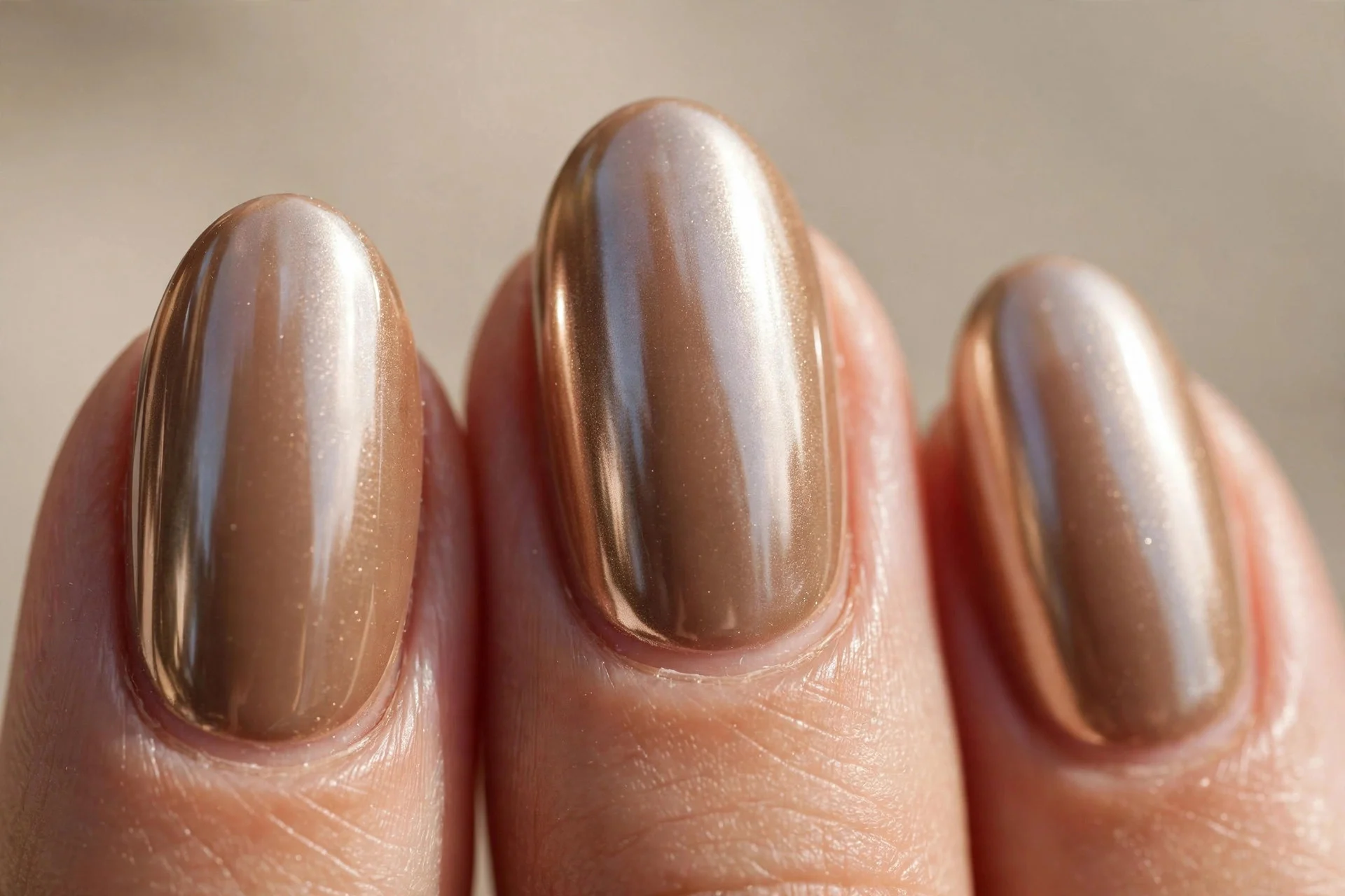 Latte-brown nails with a glazed chrome finish and luminous sheen.