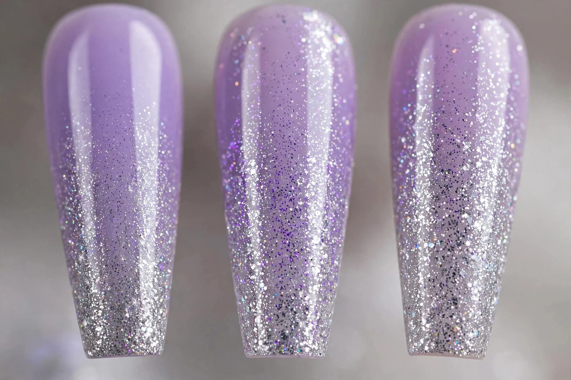 Lavender to silver glitter gradient ombré nails, long coffin nails