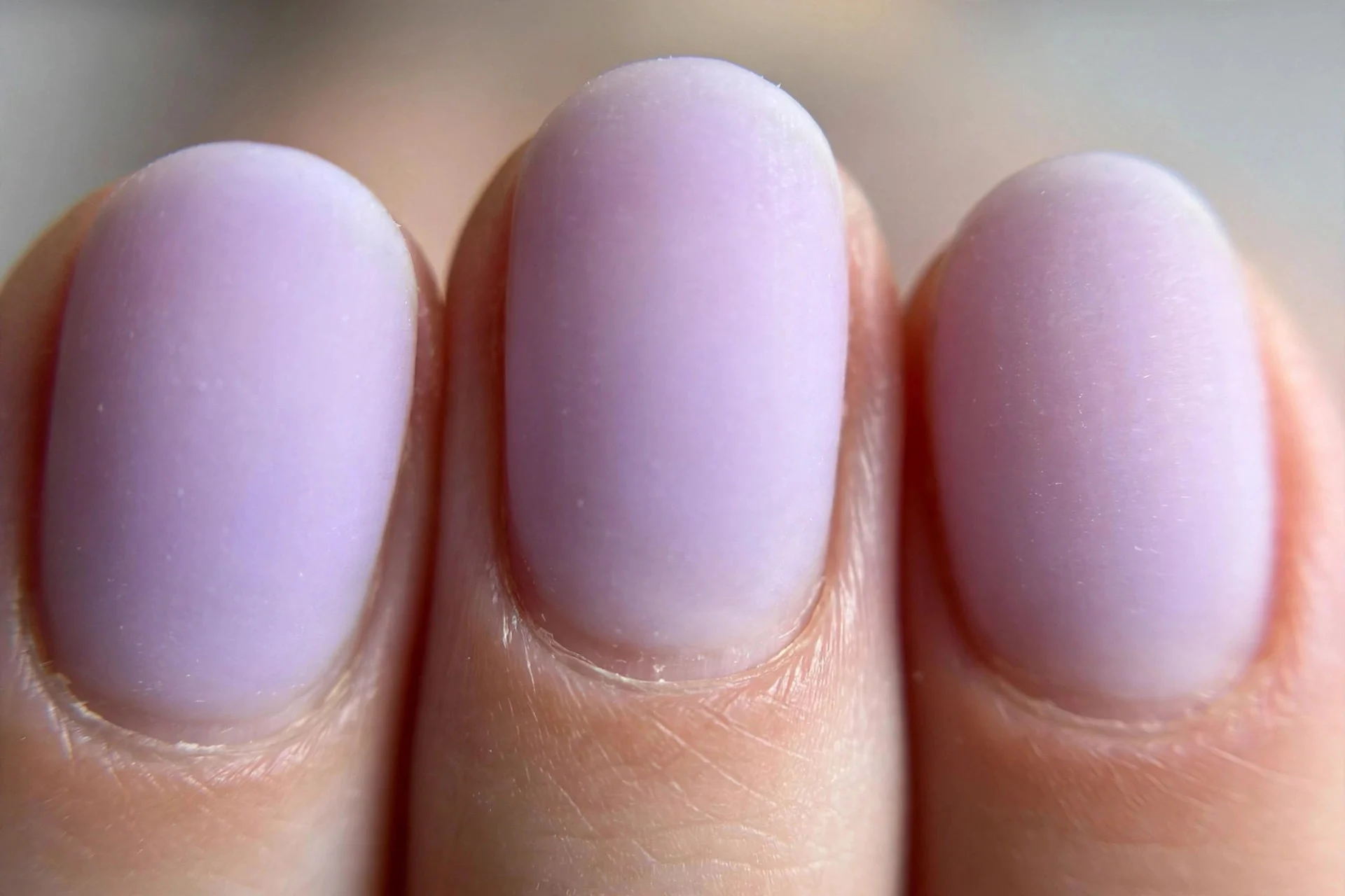 Sheer lavender soap nails with matte finish, short oval nails, natural look