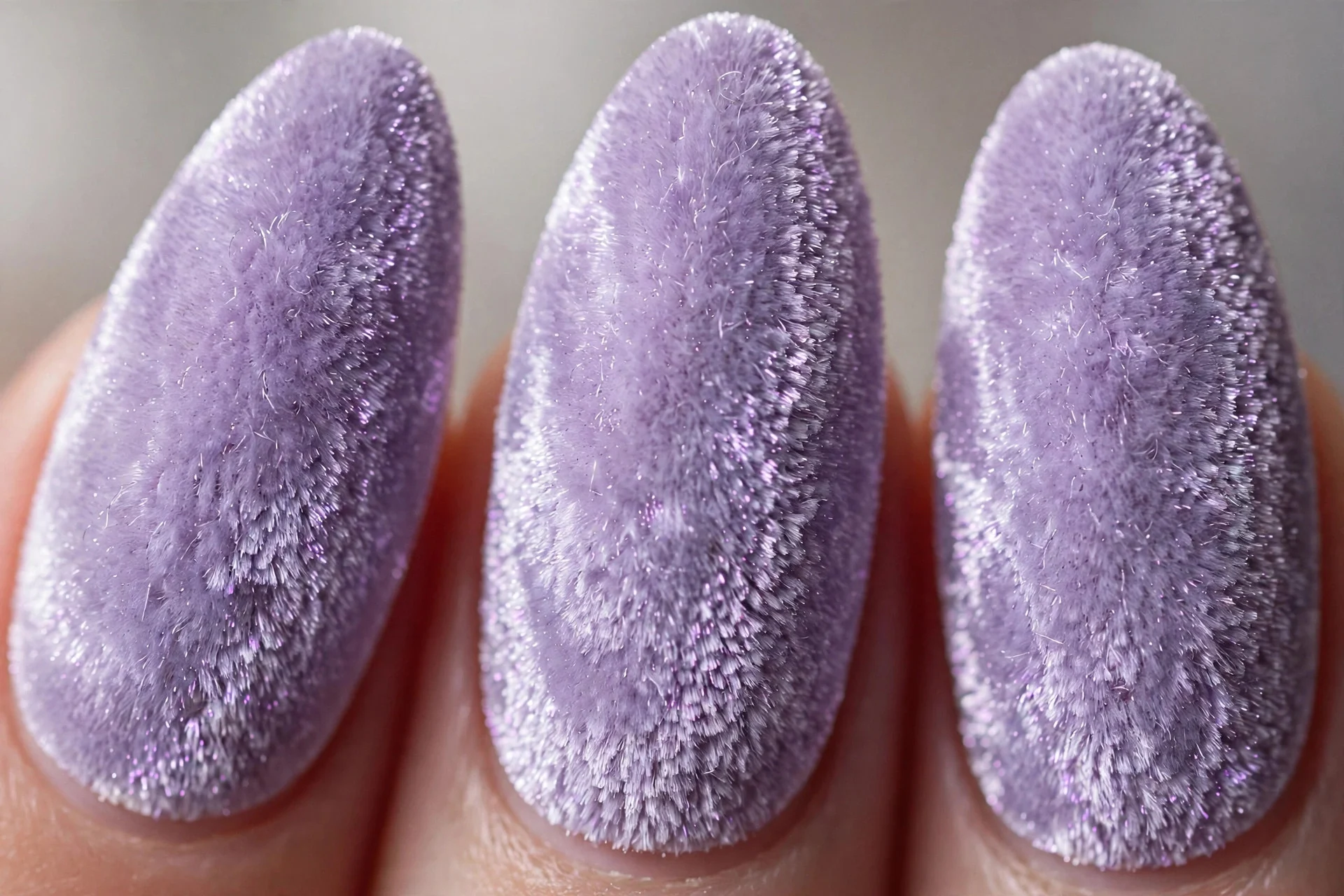 Lavender velvet nails with soft crushed-velvet shimmer, almond nails