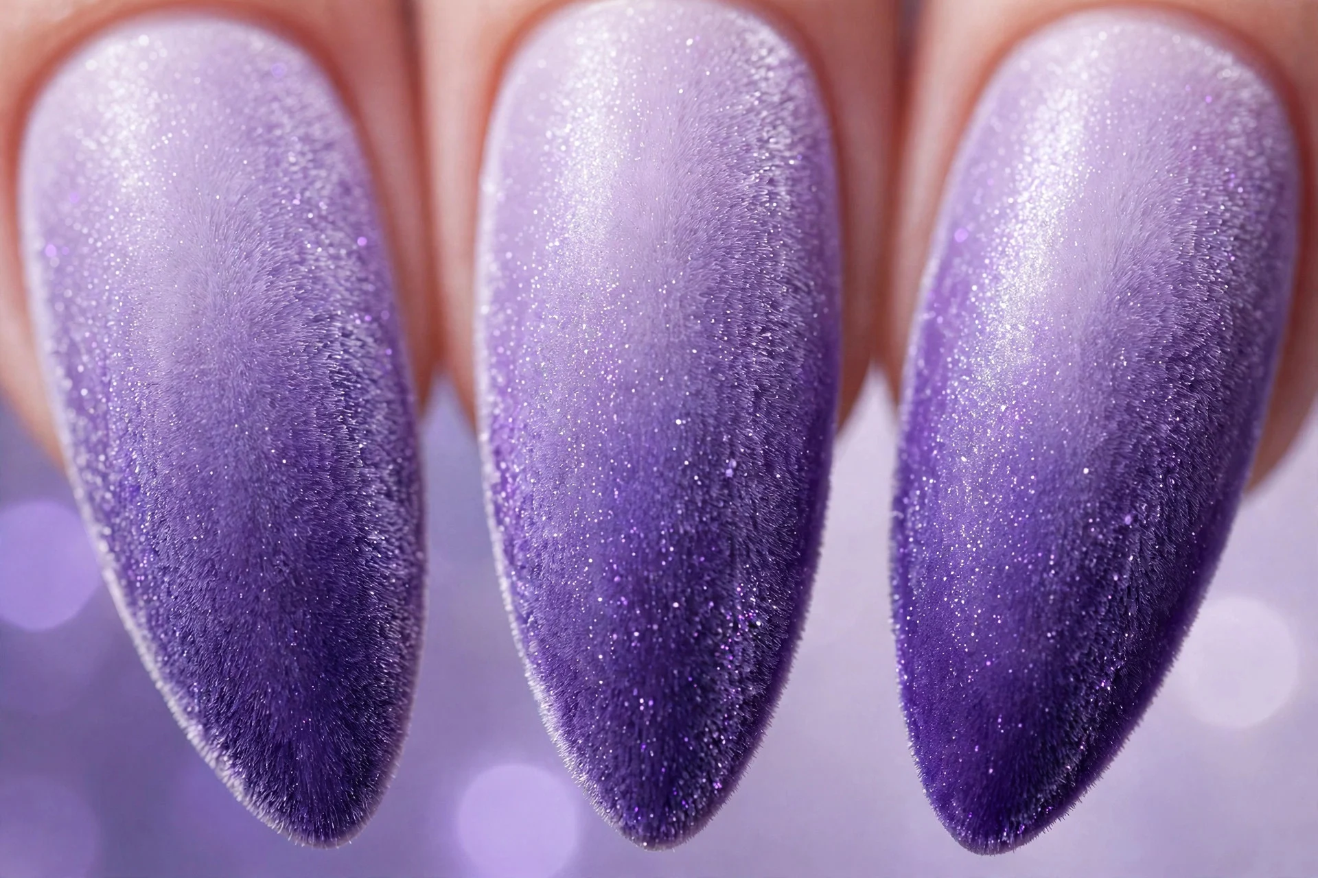 Lavender to violet velvet ombré nails, long almond, soft-focus shimmer