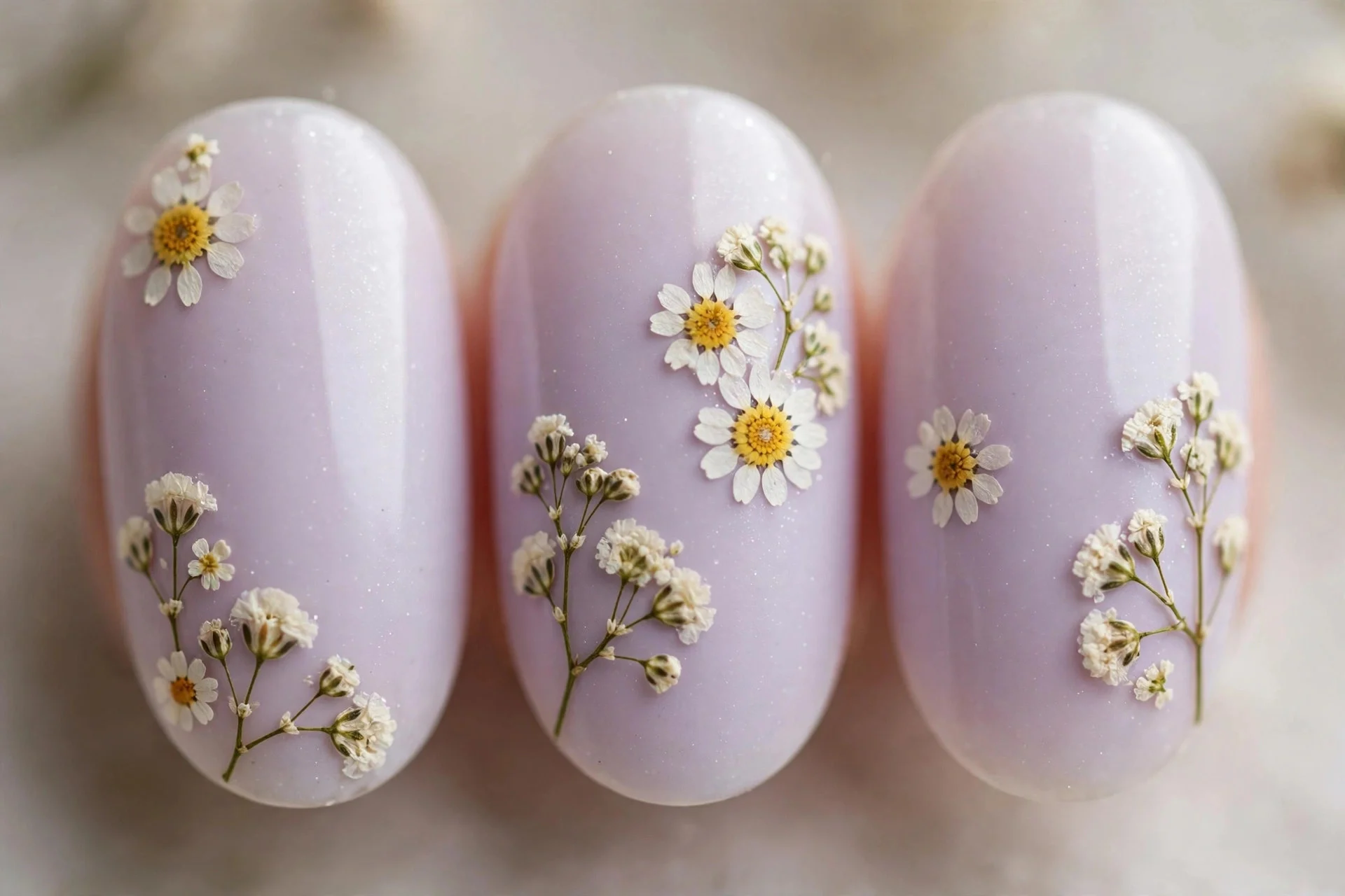 Milky lavender nails with tiny pressed daisies and baby's breath, oval nails