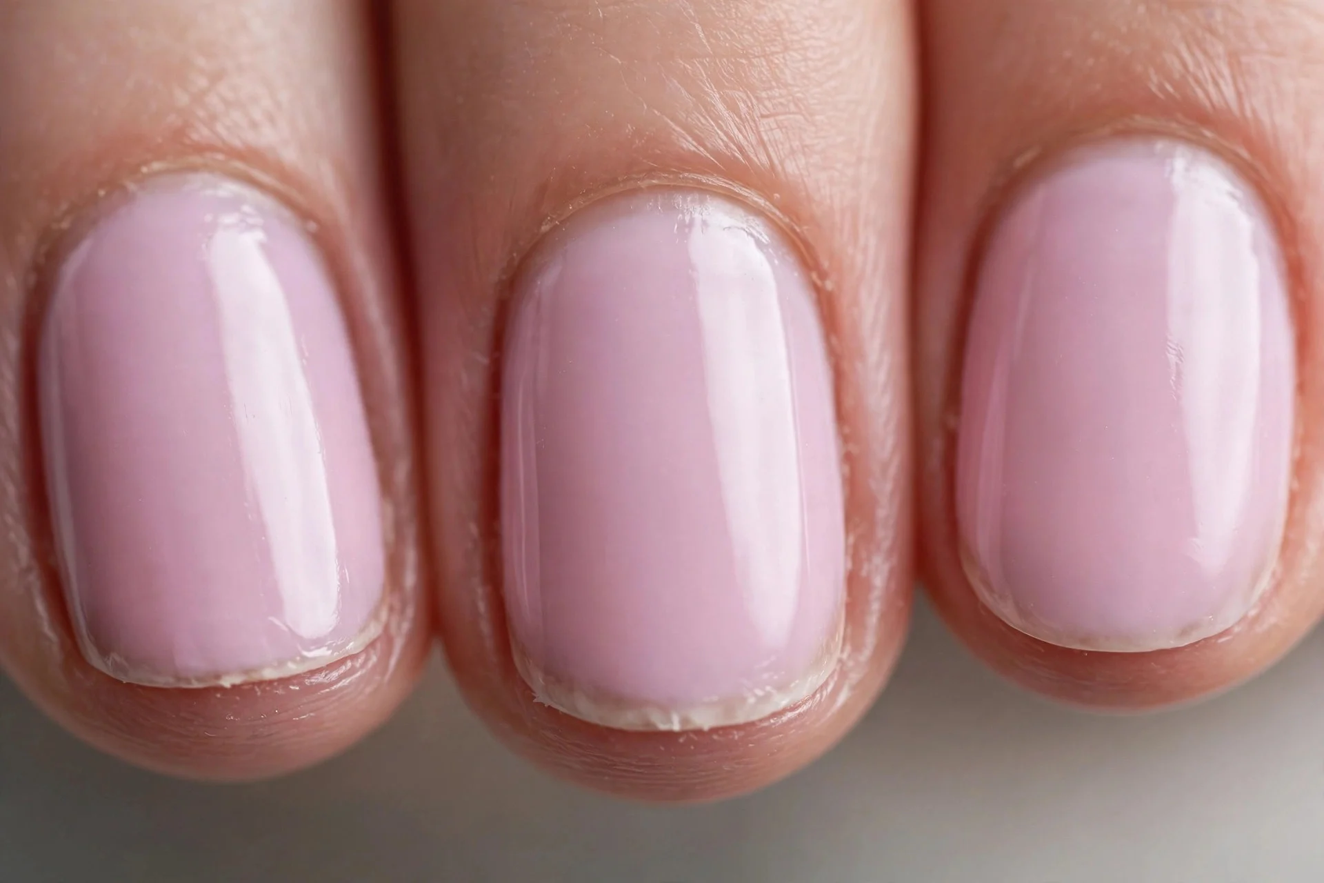Soft pink-lilac cream polish, short oval nails, glossy opaque