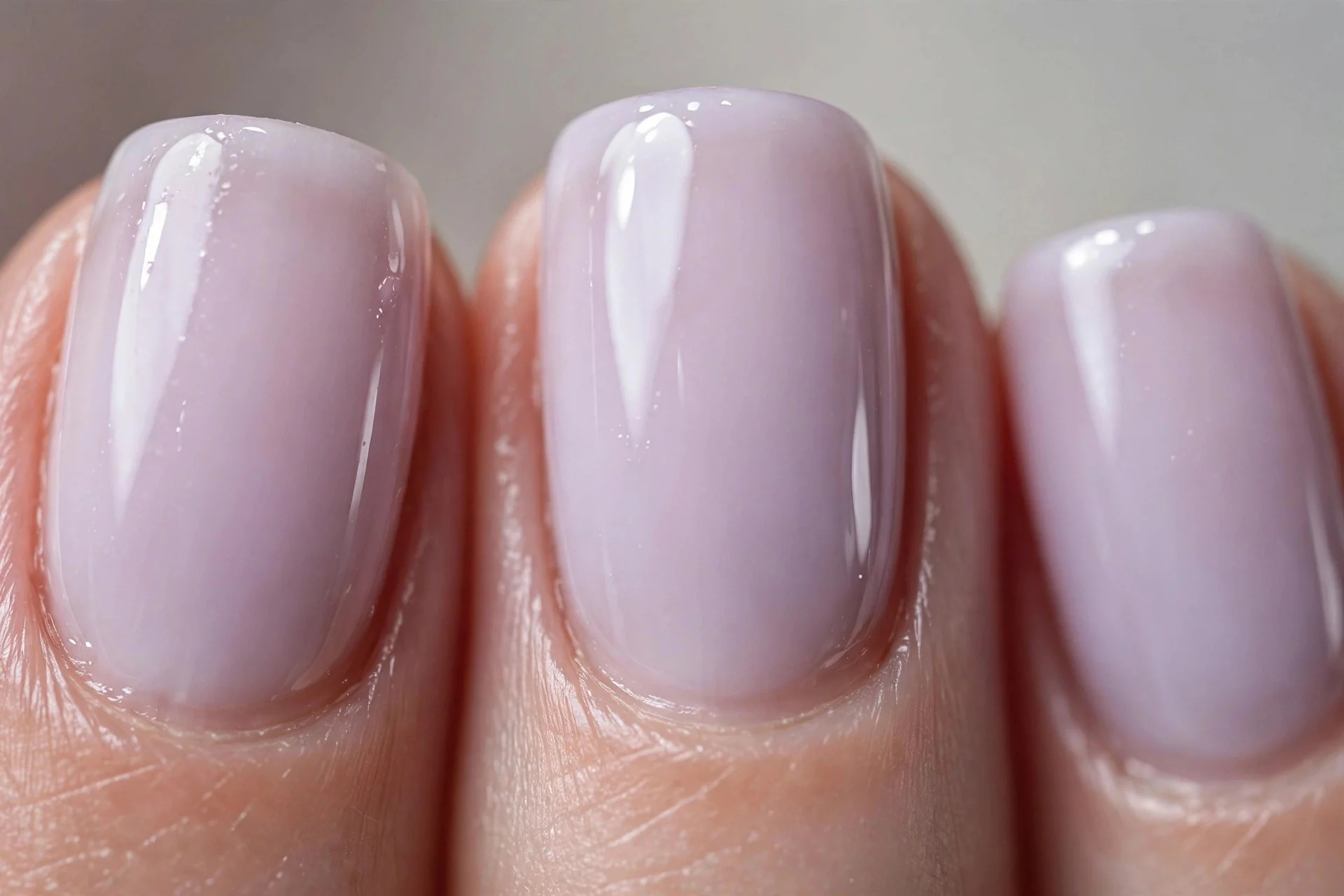 Sheer milky lilac nails, short squoval nails, juicy gloss