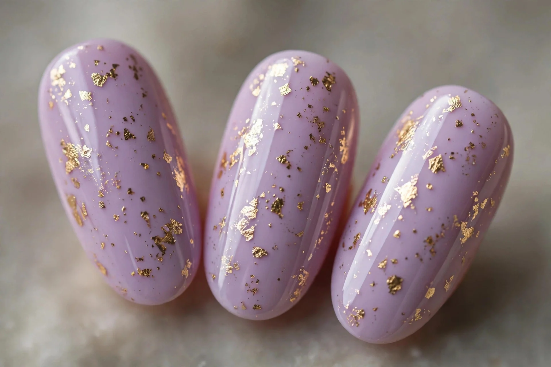 Lilac nails with gold foil flakes, medium almond, glossy