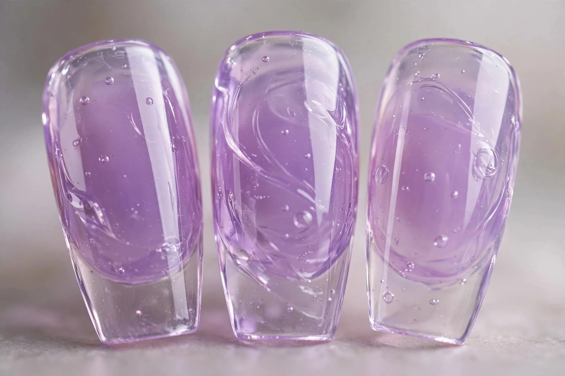 Translucent lilac jelly nails, medium coffin, glassy finish