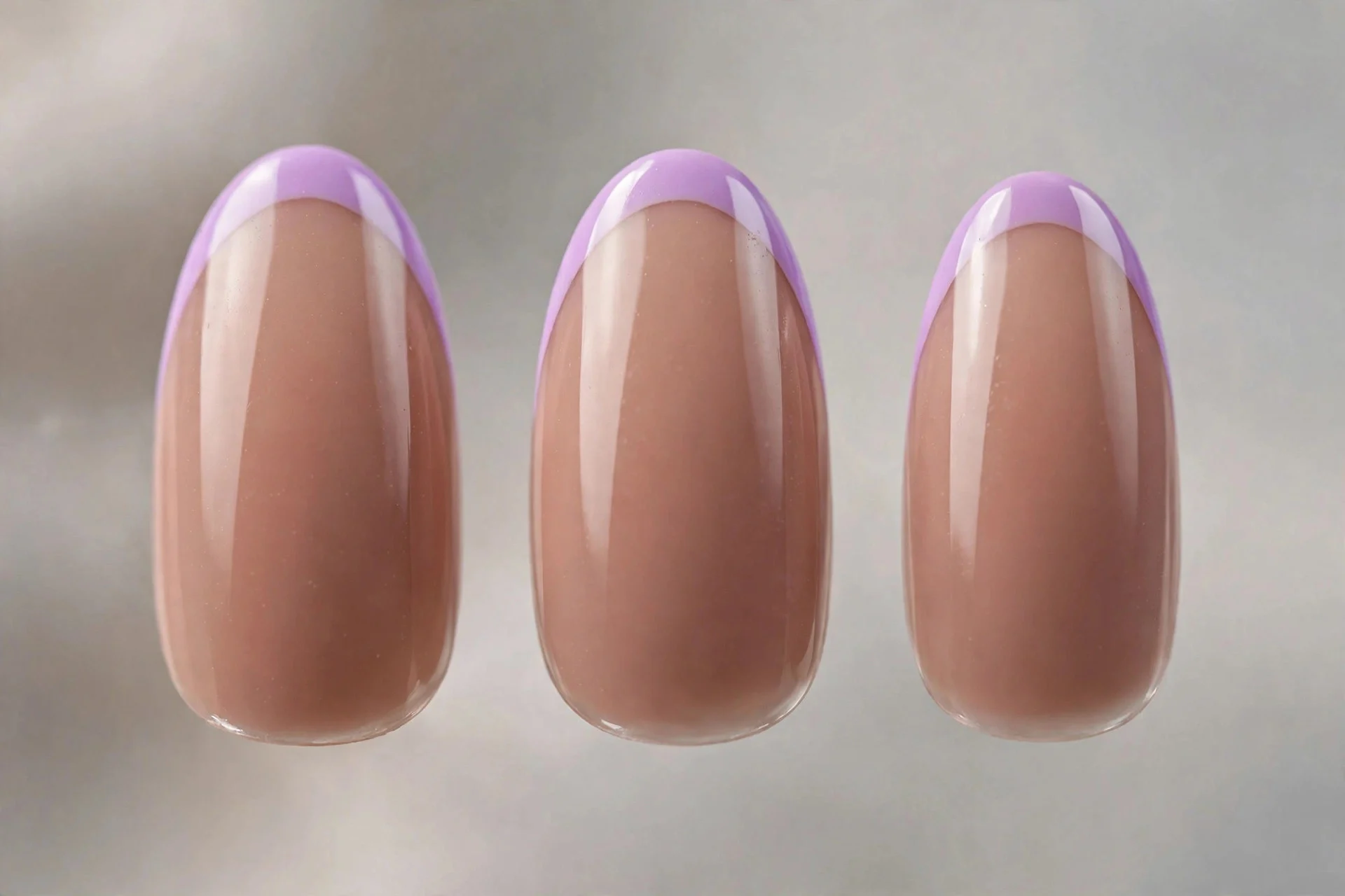 Deep nude base with bright lilac micro French tips, almond nails