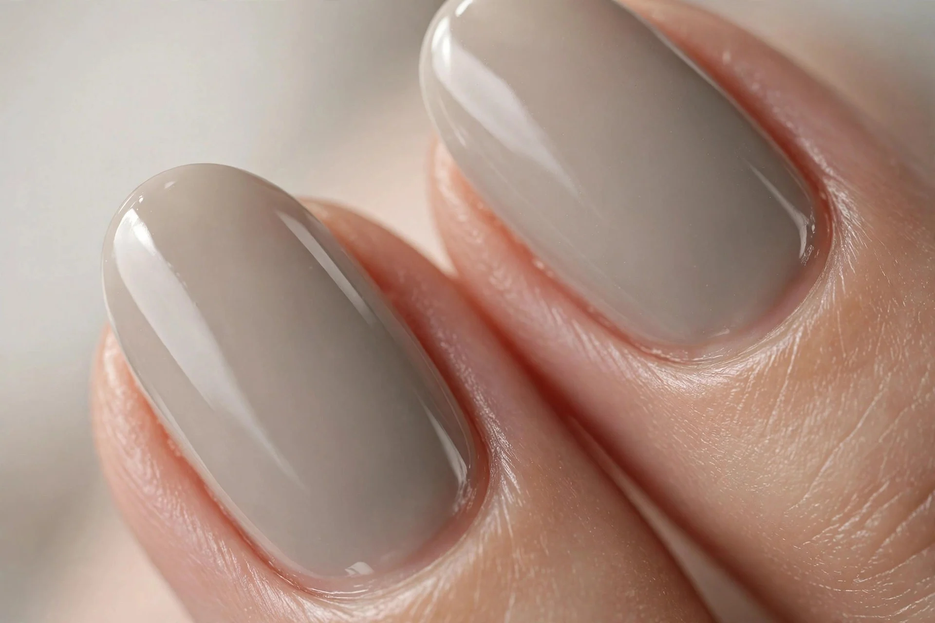 Greige polish with glass finish, short almond