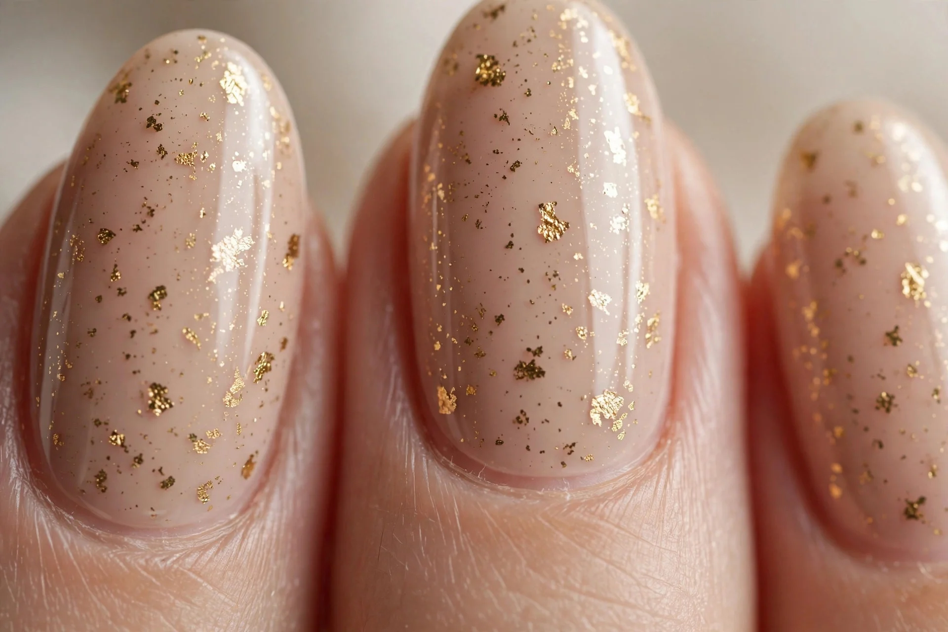 Nude nails with gold foil flecks, almond