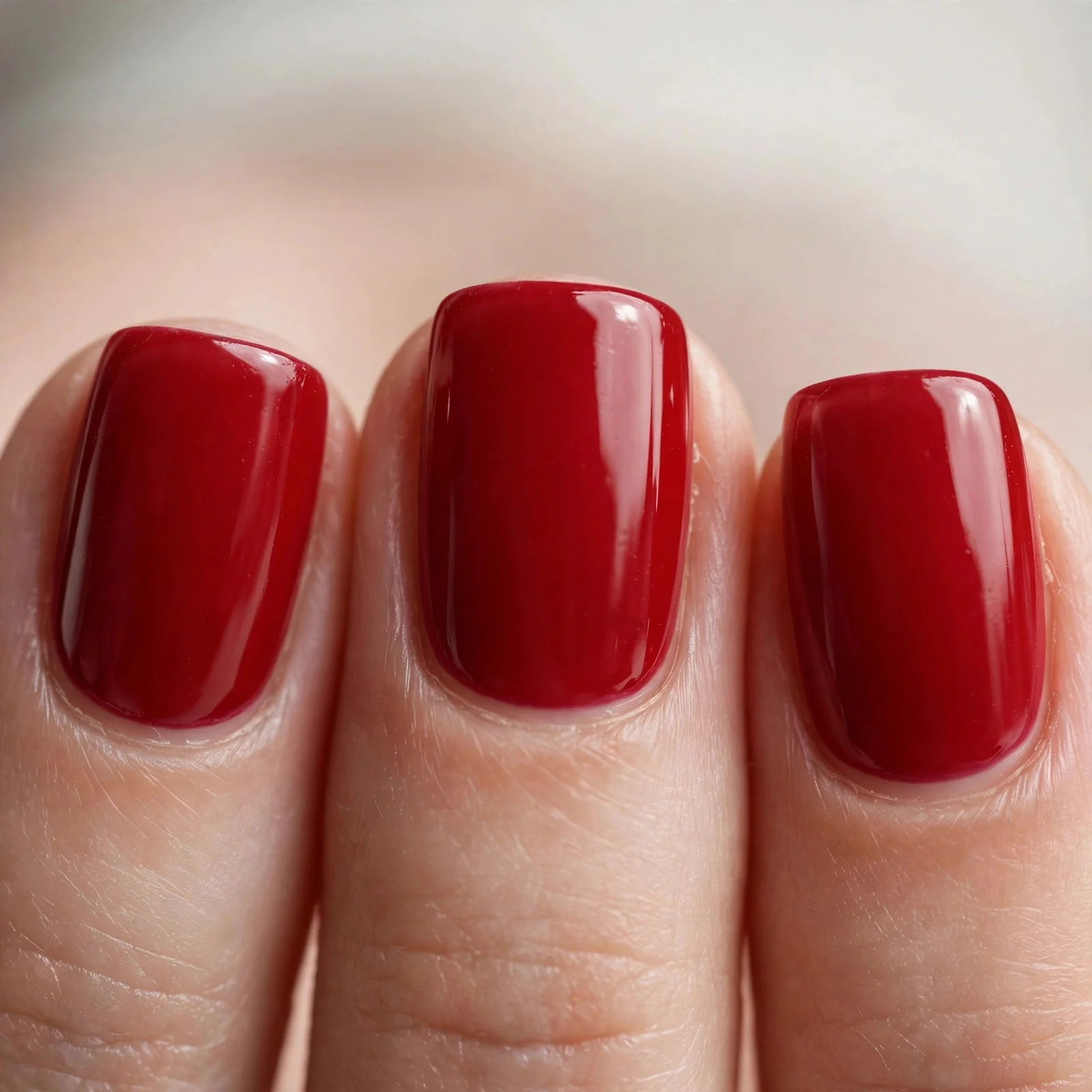 Cherry red polish, short square nails