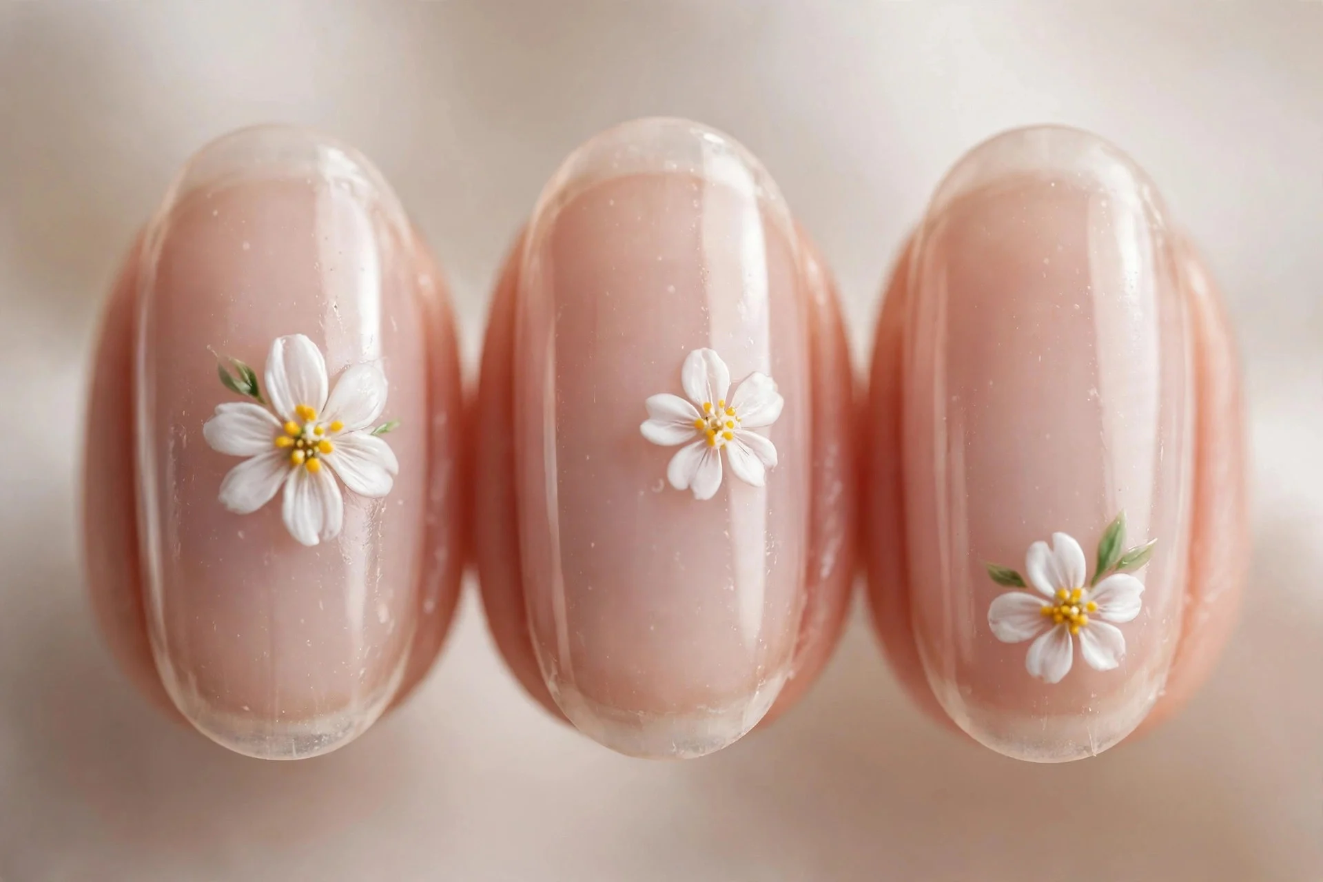 White daisy art on sheer nails, oval