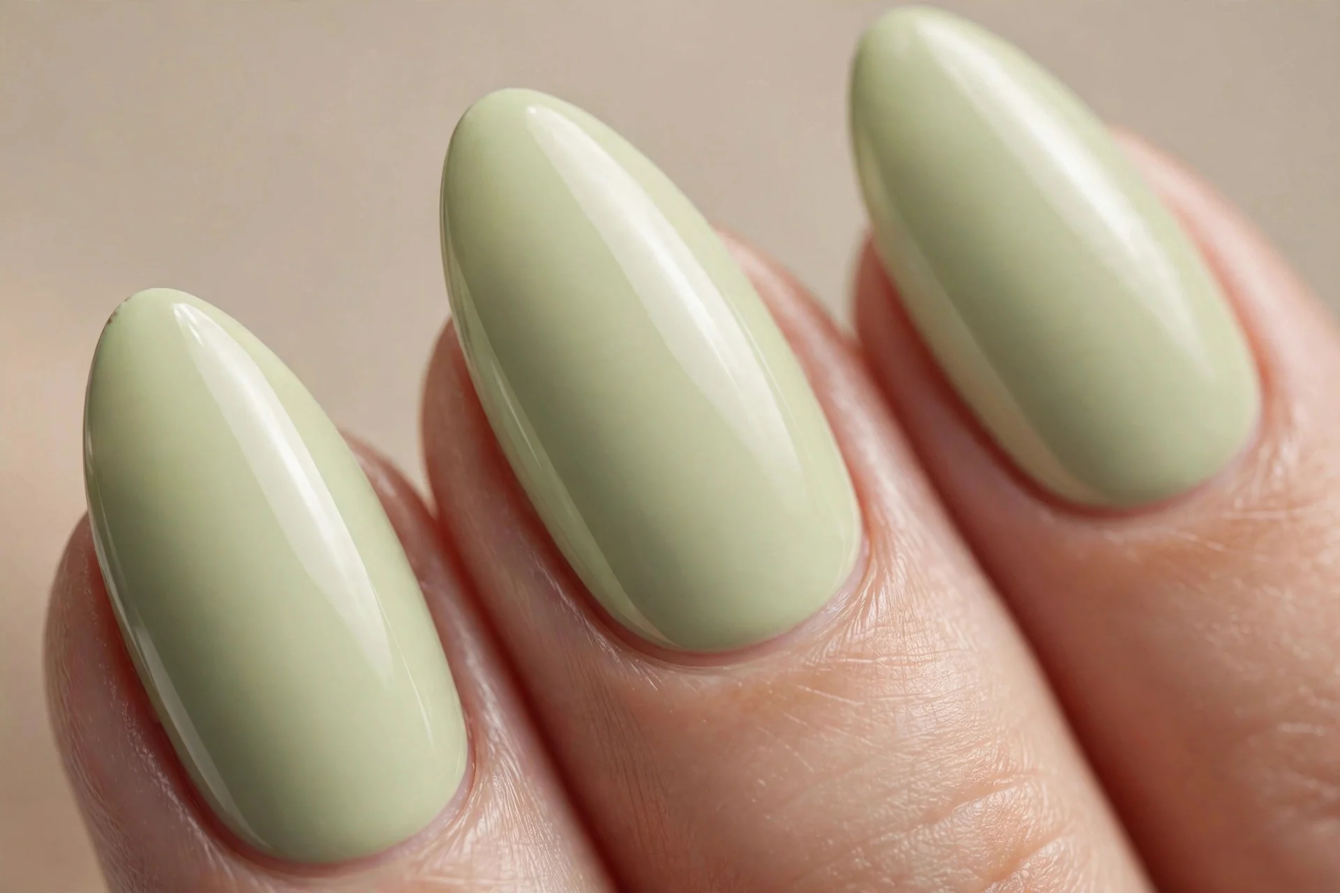 Almond nails in pale milky matcha green crème, glossy, beige background