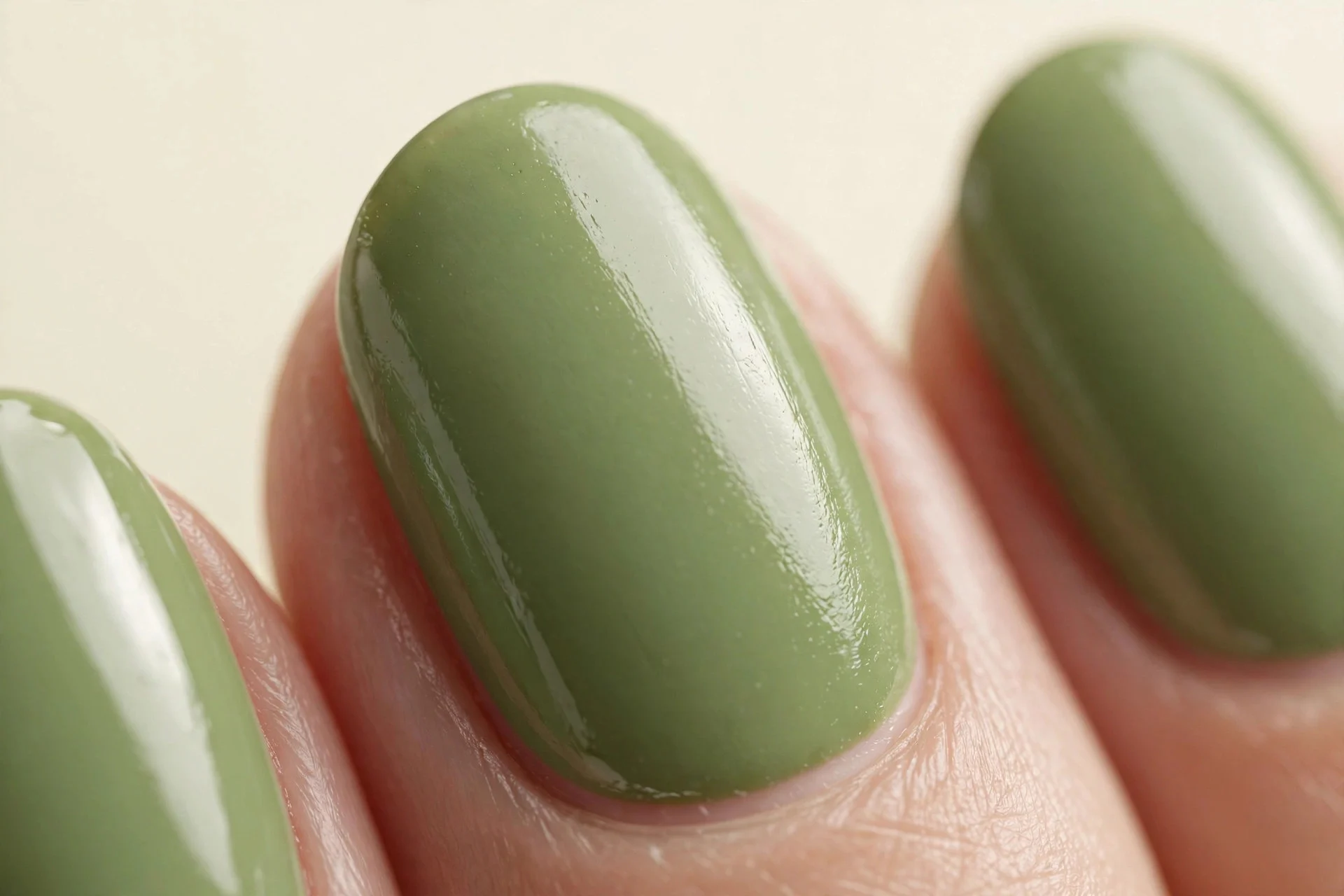 Oval nails in mid-tone matcha green crème, glossy, cream background