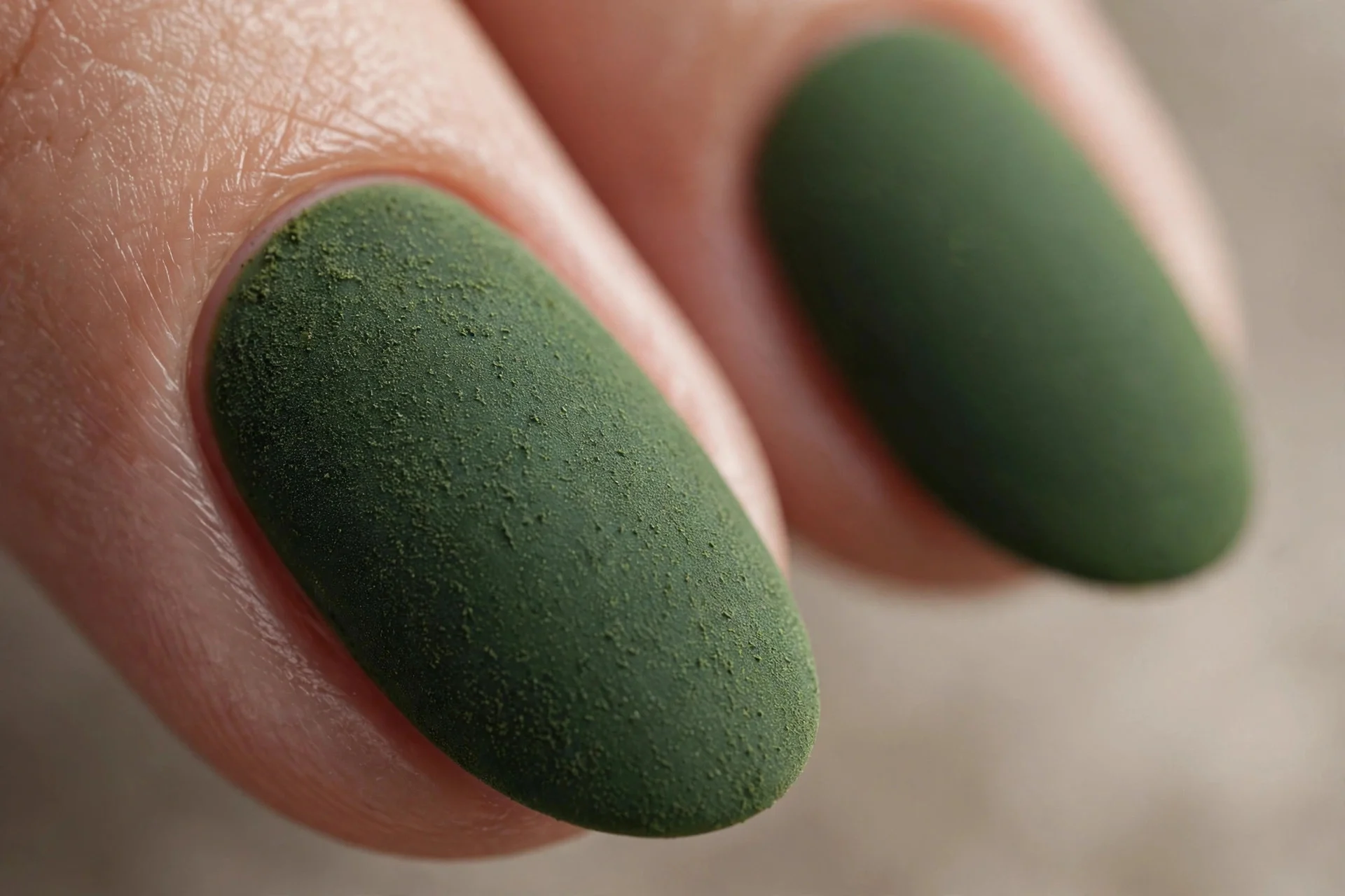 Almond nails in deep matcha green with matte finish, powdery look, neutral background