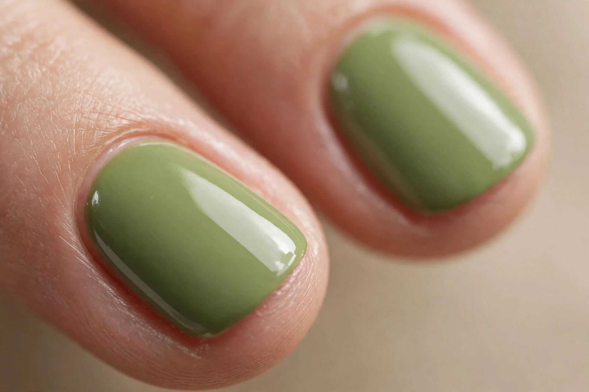 Short rounded nails in mid-tone matcha green crème, glossy, beige background