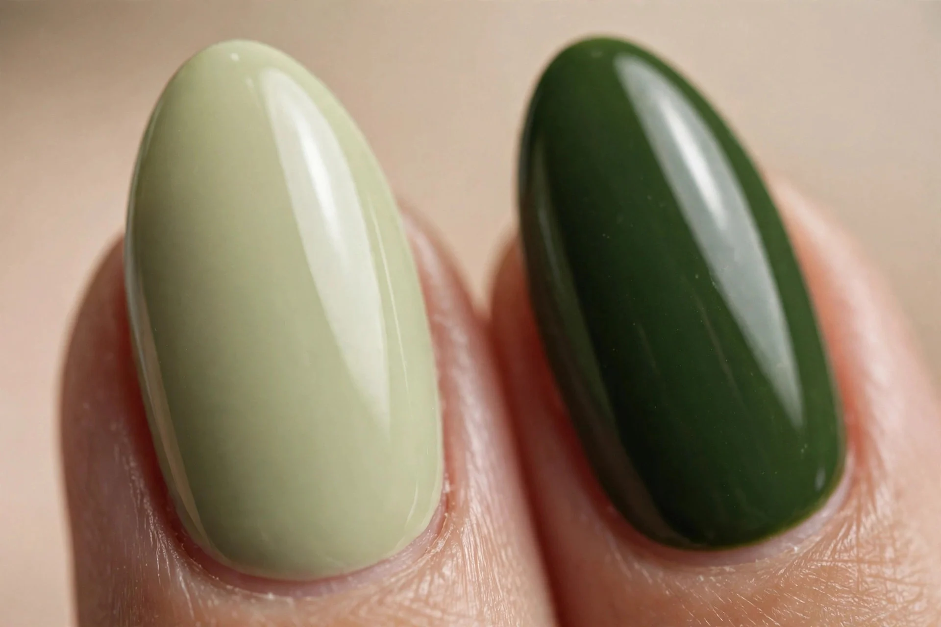 Almond nails with pale matcha on most nails and deep matcha accent on ring fingers, glossy, beige background