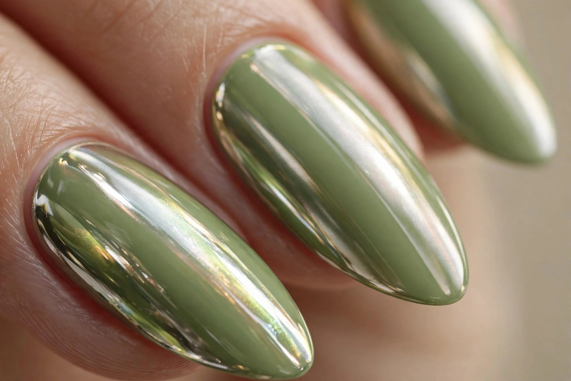 Almond nails in matcha green with clear chrome glaze, light shifting across nails, beige background