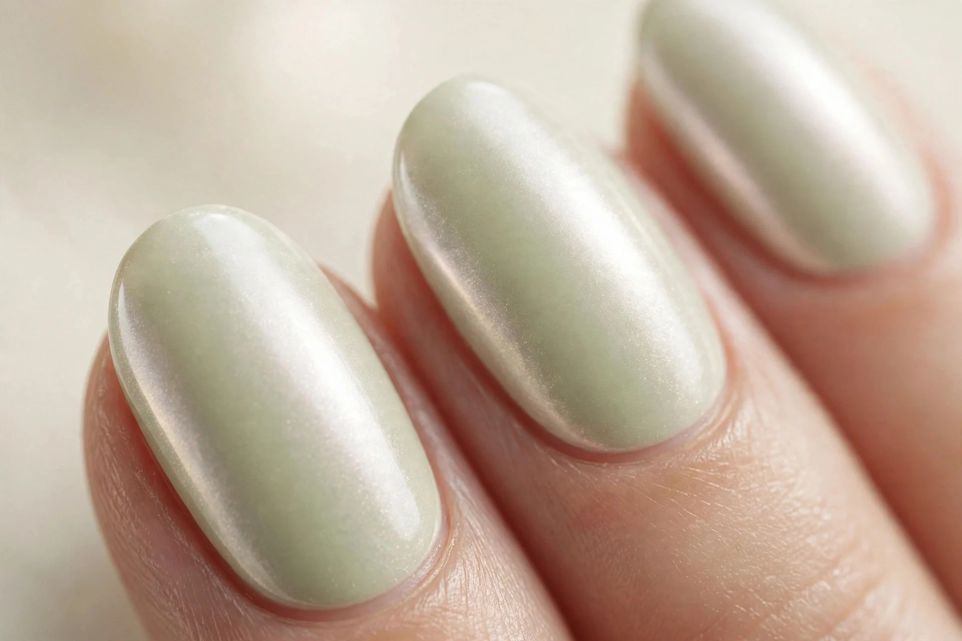 Oval nails in pale matcha with pearly white chrome finish, soft glow, cream background