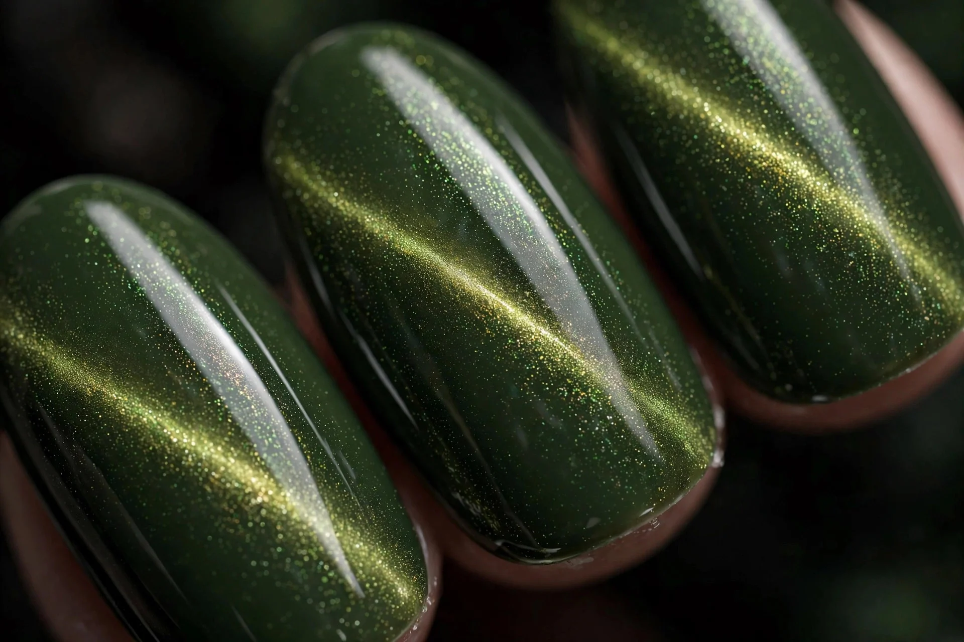 Almond nails in deep matcha with magnetic cat-eye shimmer line, glossy, dark background