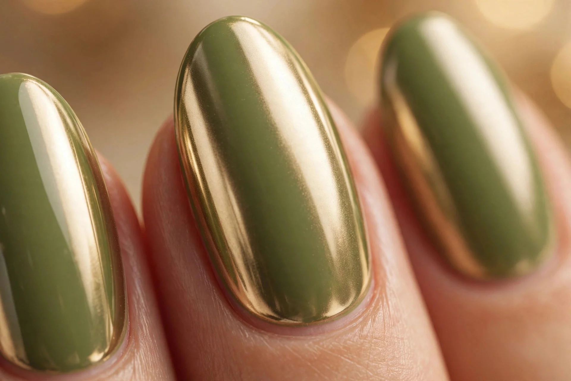 Almond nails in matcha green with champagne gold chrome finish, glossy, warm background