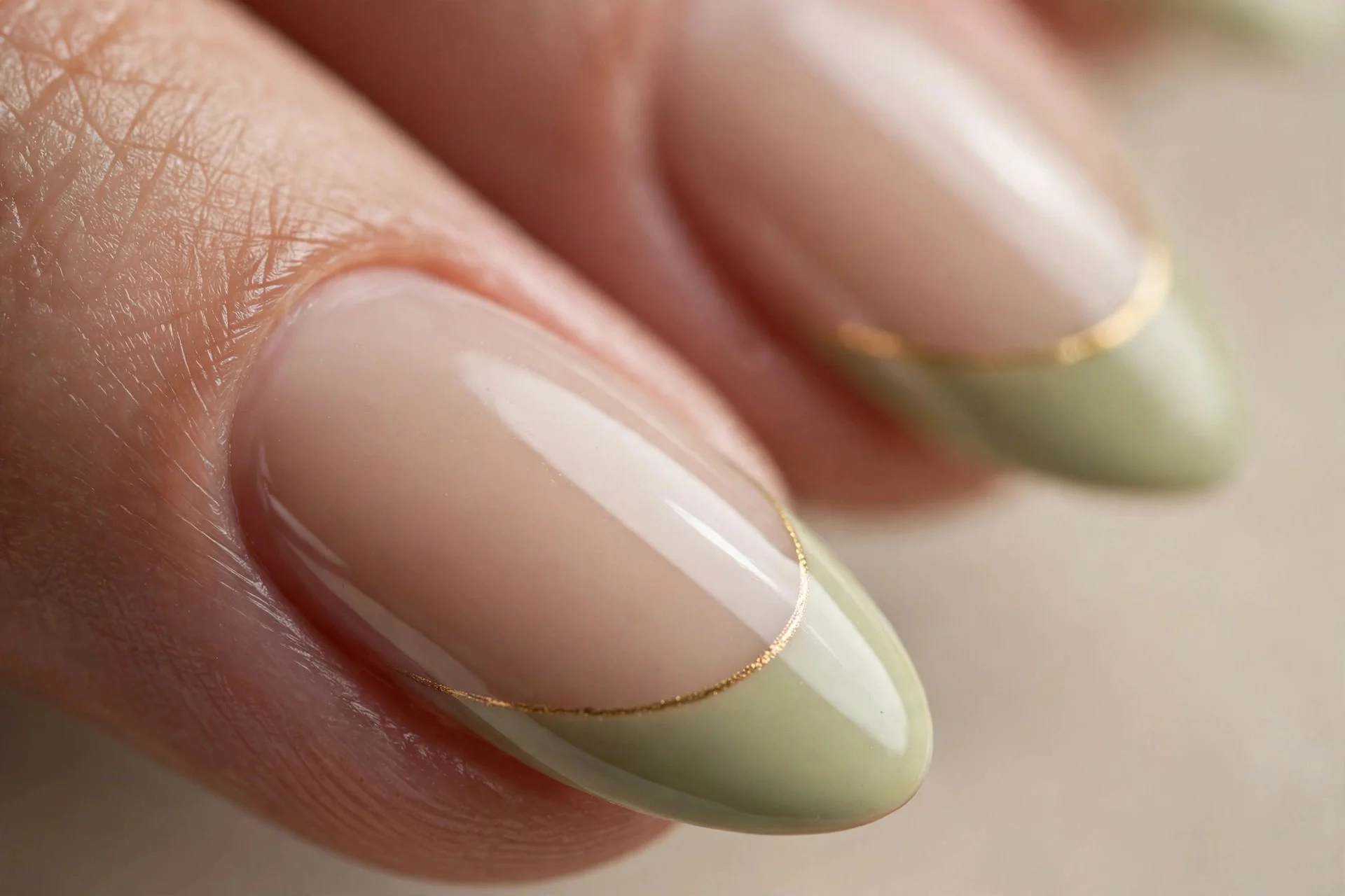Almond French nails with pale matcha tips and hairline gold smile lines, glossy, beige background