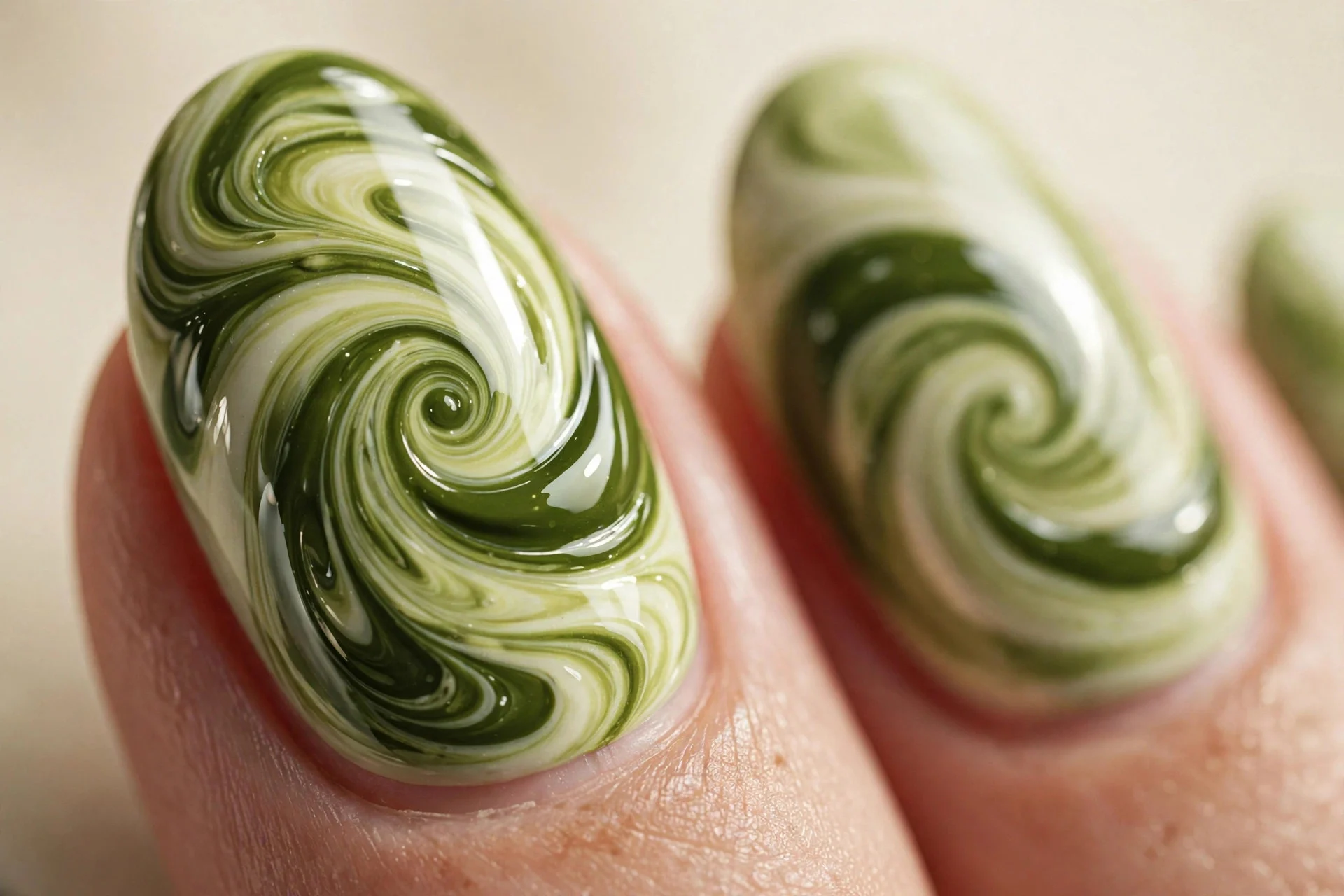 Almond nails with pale and deep matcha green swirl like latte art, glossy, cream background