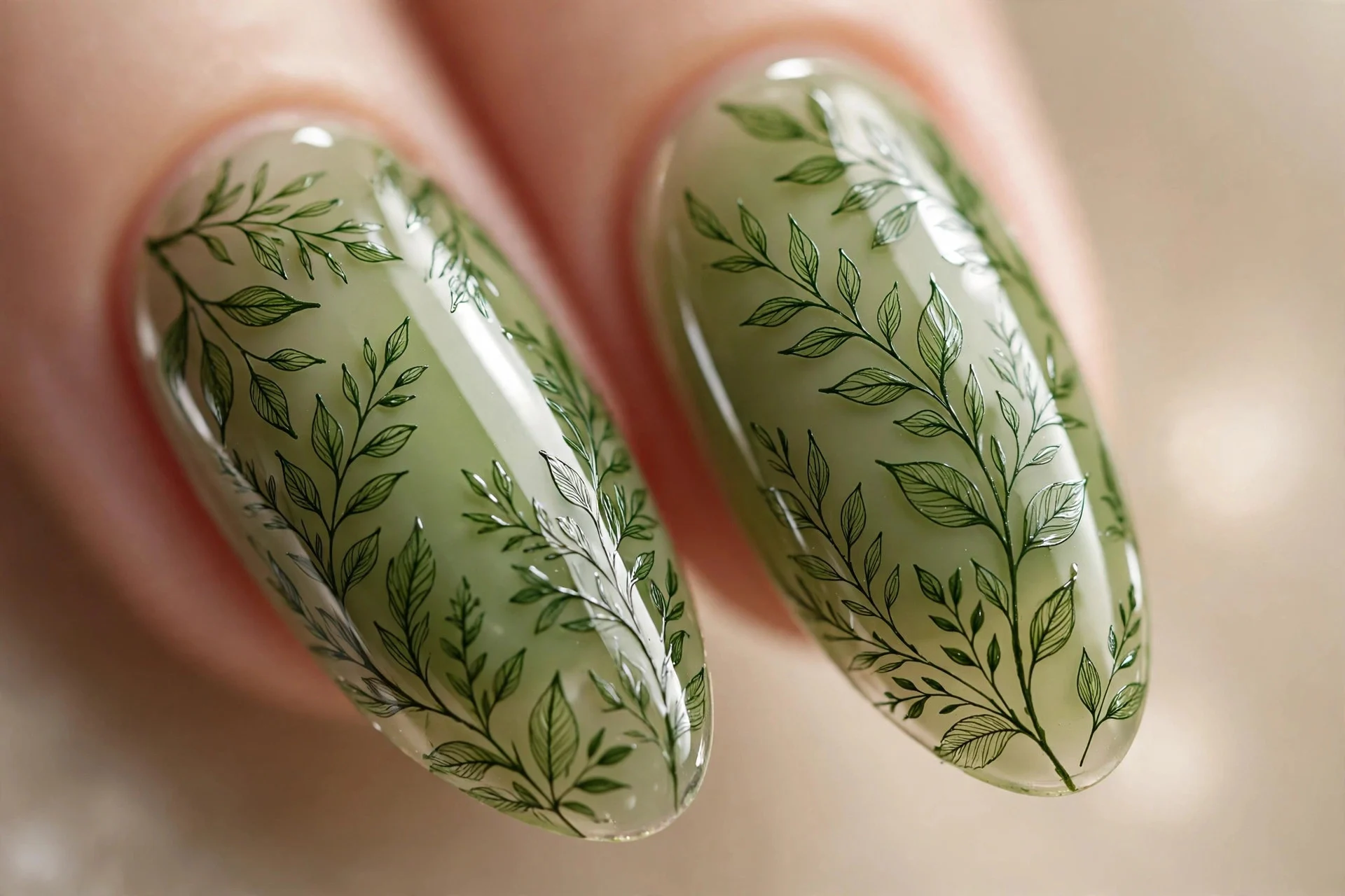 Almond nails with fine botanical leaf linework in deep green over sheer matcha, glossy, beige background
