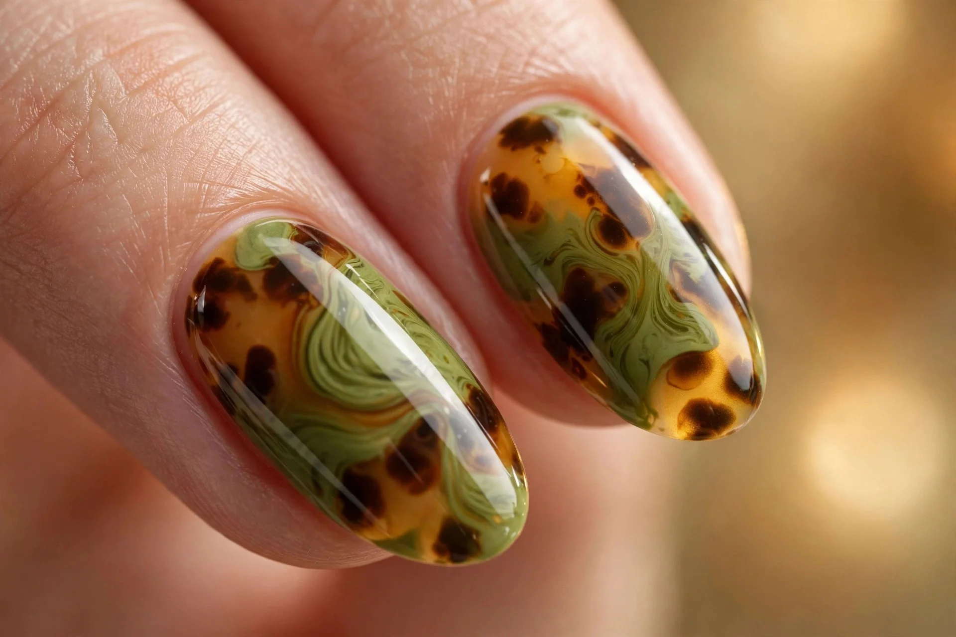 Almond nails with tortoiseshell marbled tips in matcha greens and amber, glossy, warm background